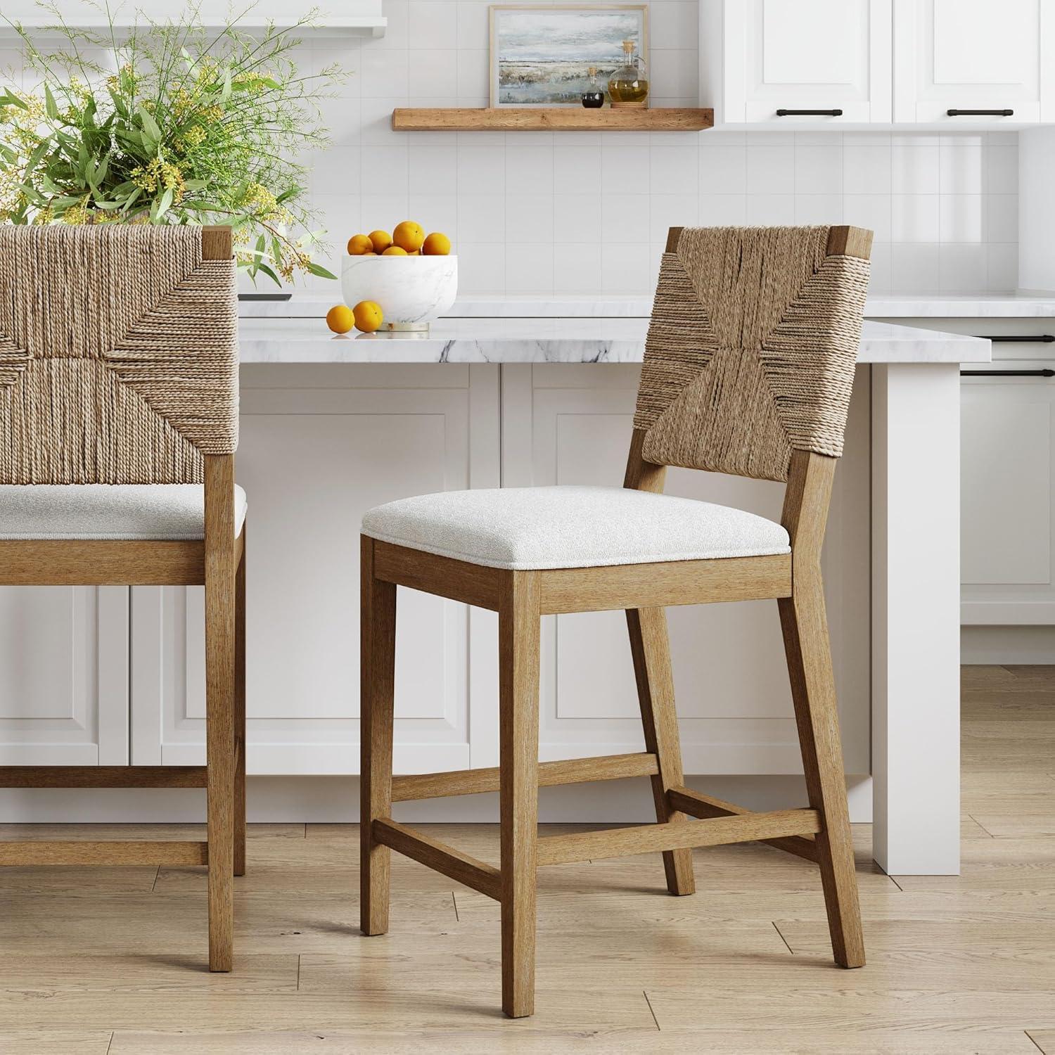 Nathan James Beacon Counter Height Barstool Seagrass Cream Boucle: Woven Backrest, Rubberwood Frame