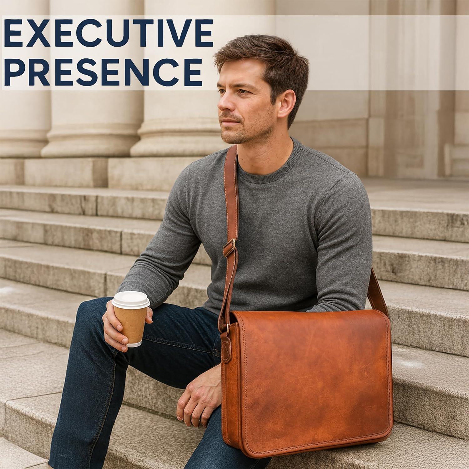 Messenger Bag Genuine Leather (Unisex, Adults, Brown, Medium) by Vintage Gallery!!