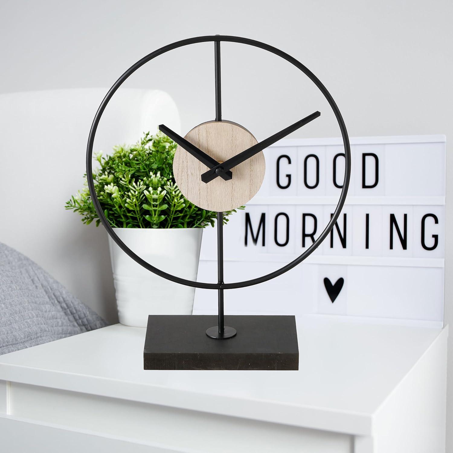 Black and Wood Grain Iron Desktop Clock with Quartz Movement