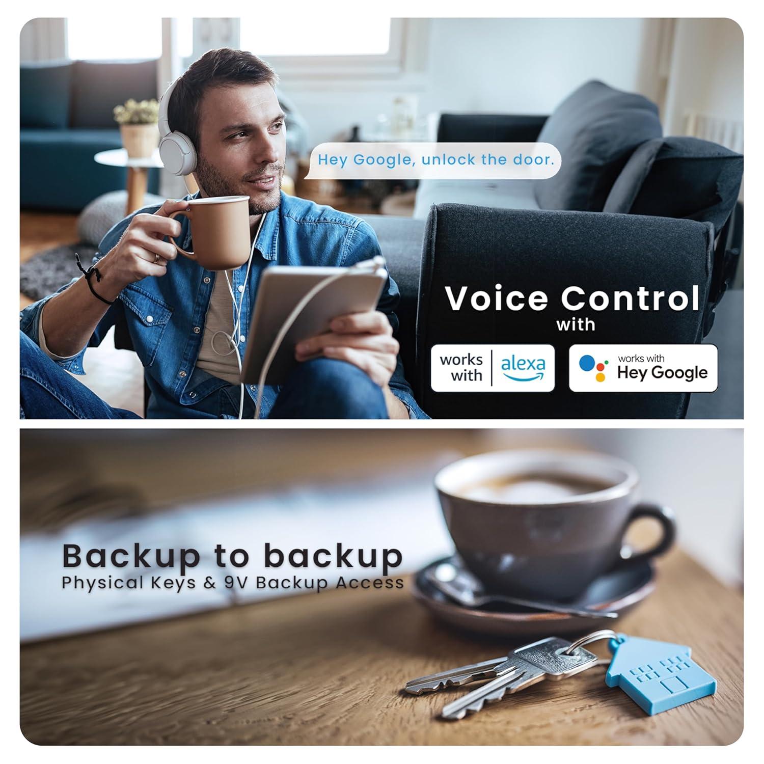 Lockly Secure Plus Bluetooth Smart Door Lock, Keyless Entry with PIN Genie® Digital Keypad, 3D Biometric Fingerprint Sensor Front Door Lock with Handle, Voice Control & Auto Lock - Latch Edition