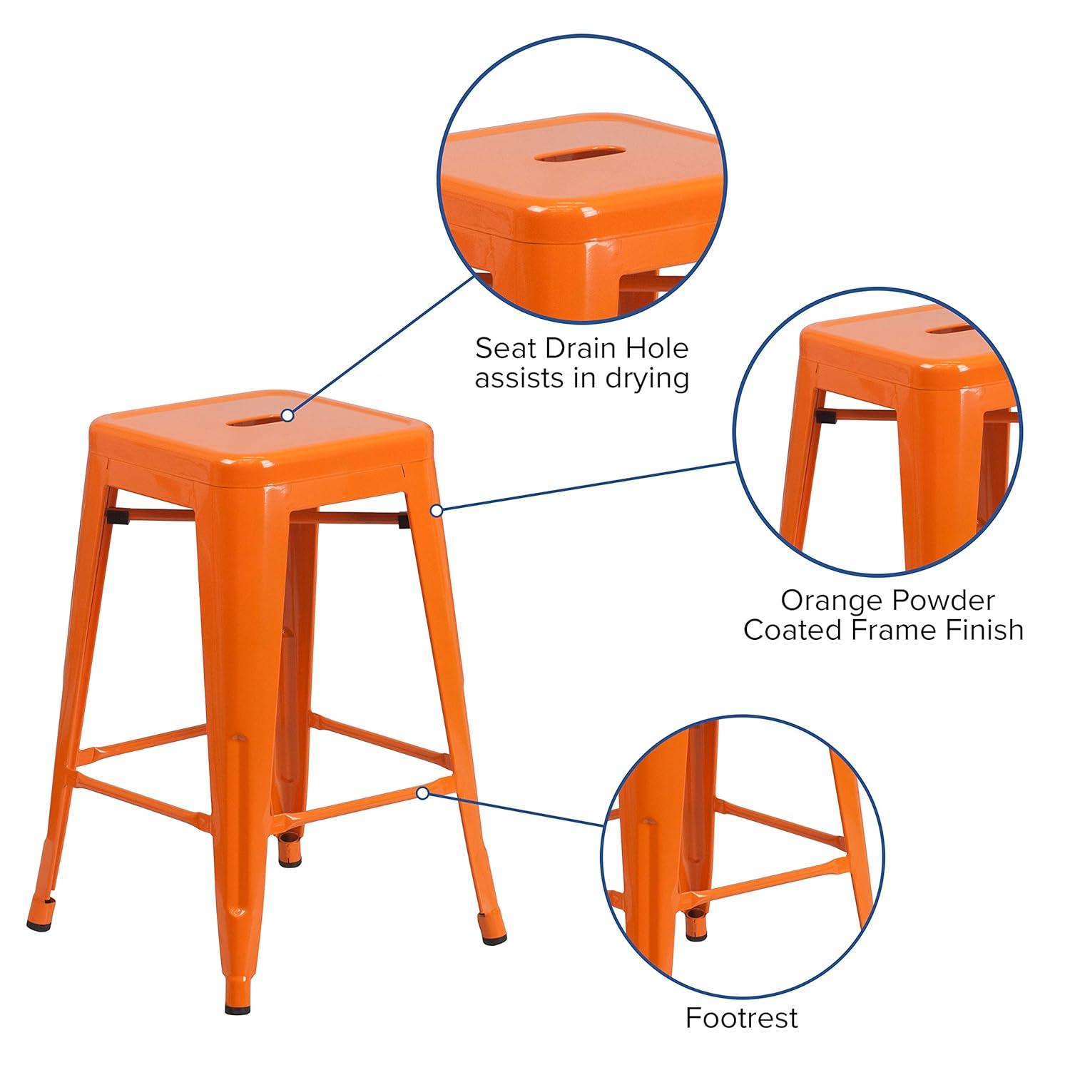 Flash Furniture Commercial Grade 24" High Backless Orange Metal Indoor-Outdoor Counter Height Stool with Square Seat