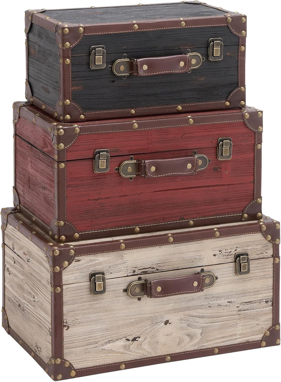 Set of 3 Multicolor Wood and Leather Storage Trunks