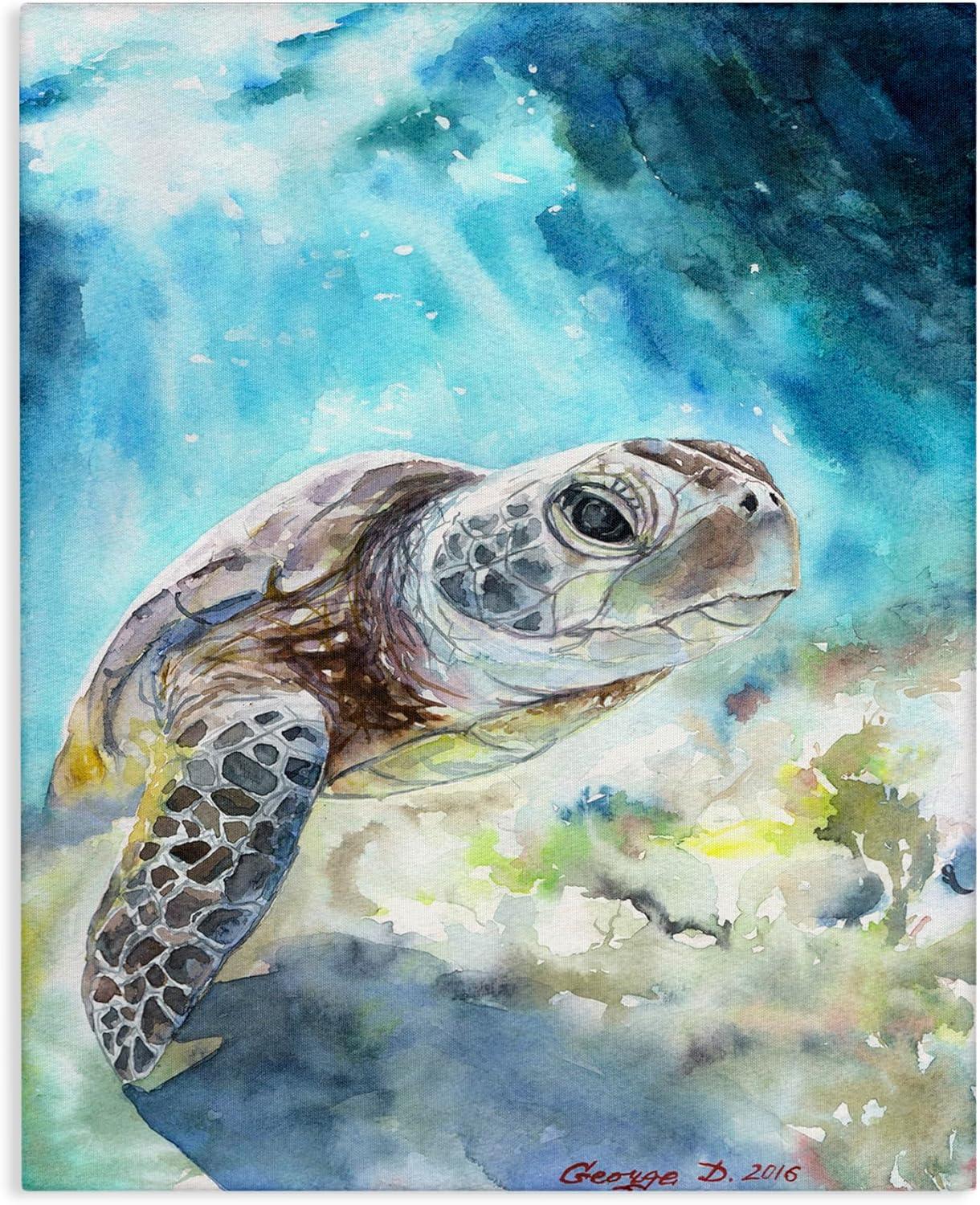 16x20 Blue Sea Turtle Watercolor Canvas Wall Art for Kids