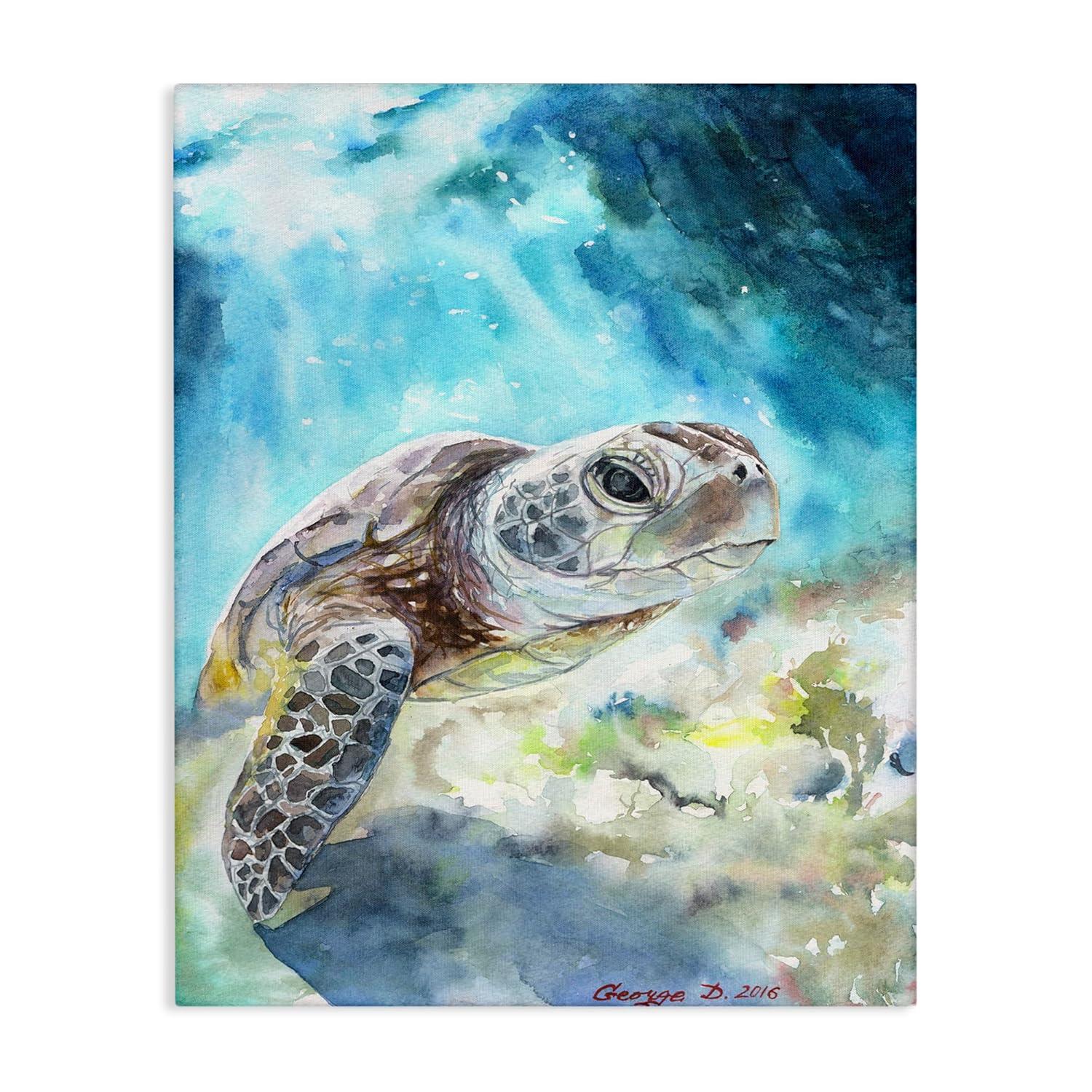 Stupell Industries Sea Turtle Ocean Animal Blue Watercolor Painting Canvas Wall Art by George Dyachenko
