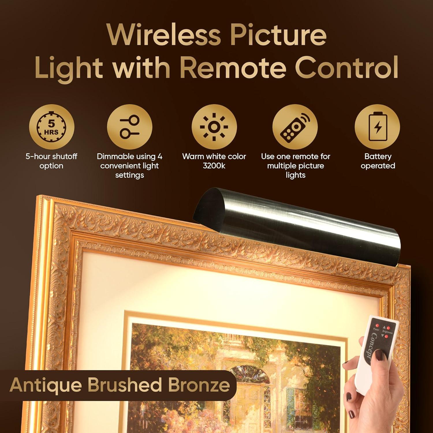 Concept Lighting 202L Slimline Antique Brass 8 In. Cordless LED Remote Control Picture Light