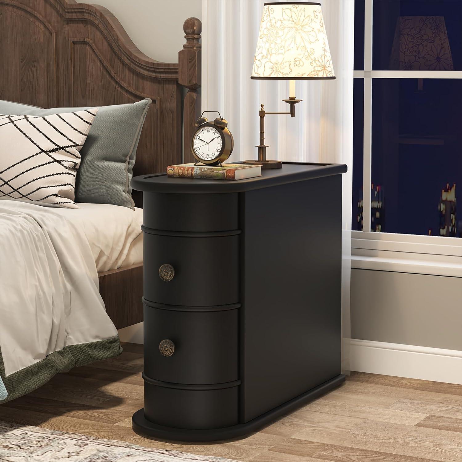 Hommoo Wood Narrow Nightstand with 2 Drawers Black