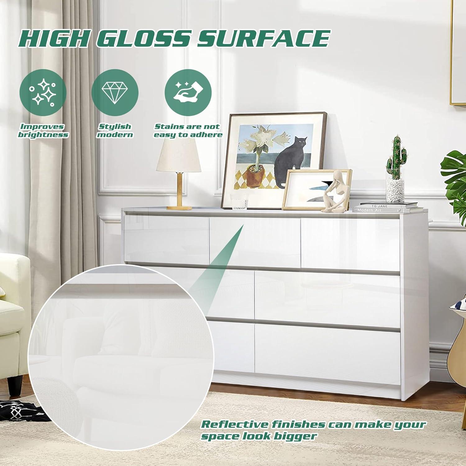 Ebern Designs White Dresser for Bedroom with 7 Drawers, Modern High Gloss Large Dresser with 7 Handle Free Drawers, 55 Inch Wooden Long Dresser, Storage Chest of Drawers