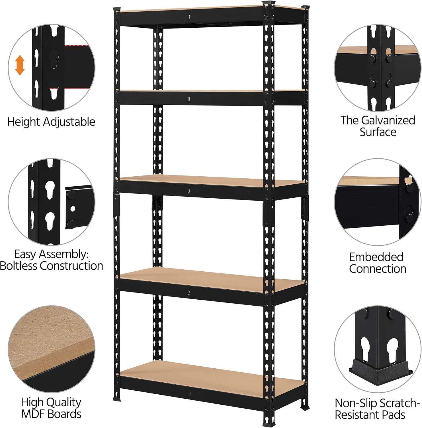Topeakmart 5-Tier Utility Shelves, Metal Storage Shelves, Adjustable Shelving Units, Boltless Assembly, Garage Shelves Shed Shelving for Warehouse Garage Shed Basement- Black, 27.5 x 12x 60 Inch