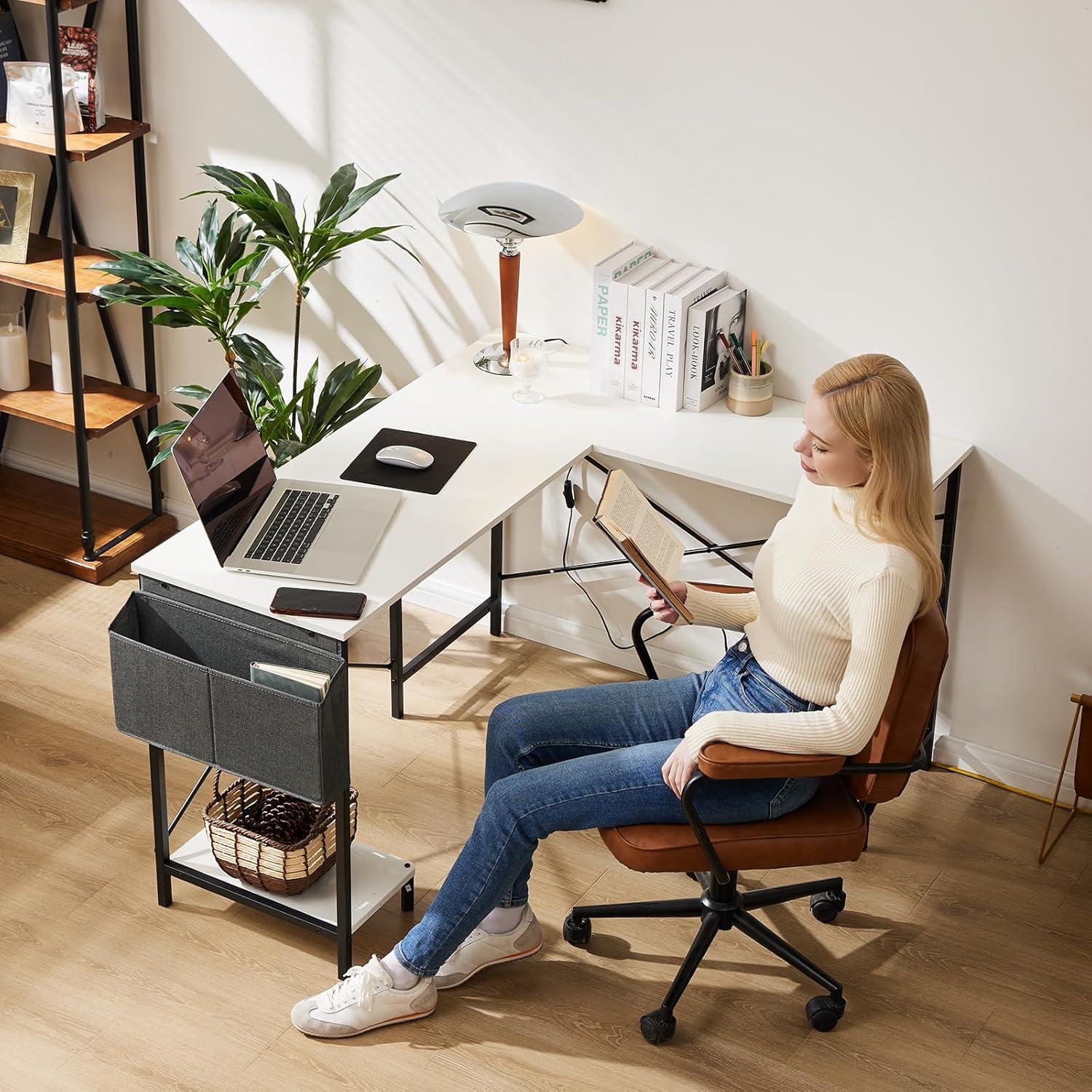 White L-Shaped Gaming Desk with Drawer and Headphone Hook