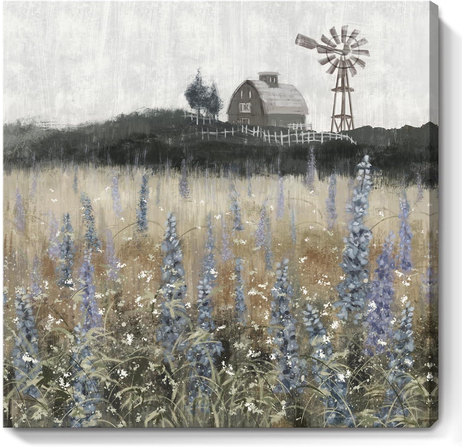 Vintage Farmhouse Landscape Canvas Print with Windmill and Barn, 14x14