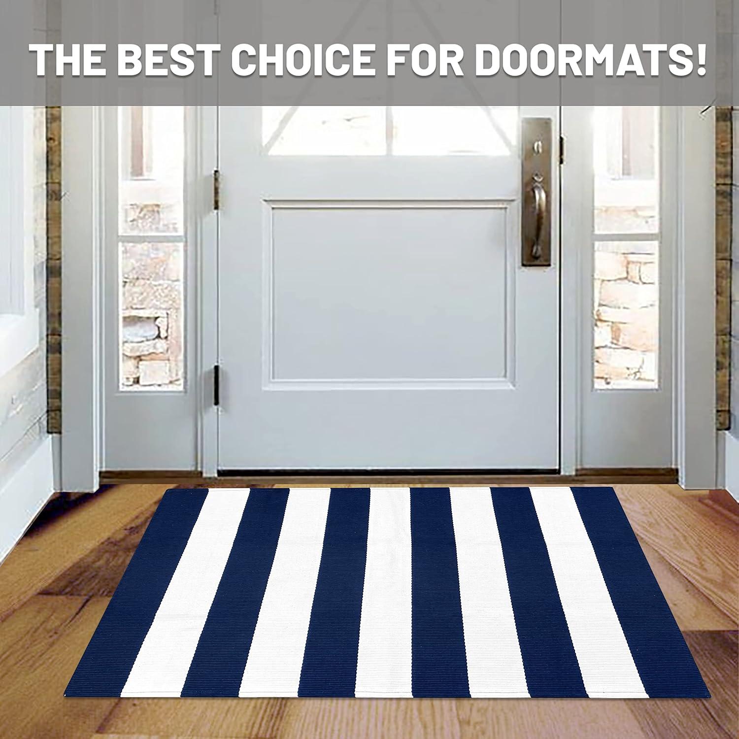 IOHOUZE Navy and White Striped Rug 2'x3' Front Door Rugs, Small Washable Area Rug for Front Porch, Spring Summer Doormats Outdoor Indoor, Cotton Rugs for Entryway Porch Entrance