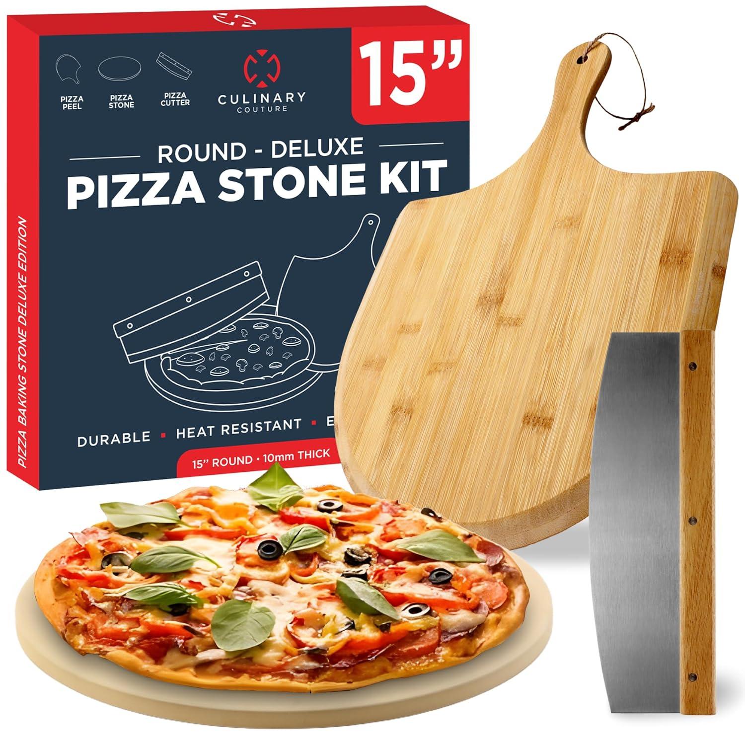 3PCS Round Pizza Stone for Oven Set 15" - Comes with Pizza Peel for Oven and Cutter - Cordierite Stones for Bread, Calzone, Cookies