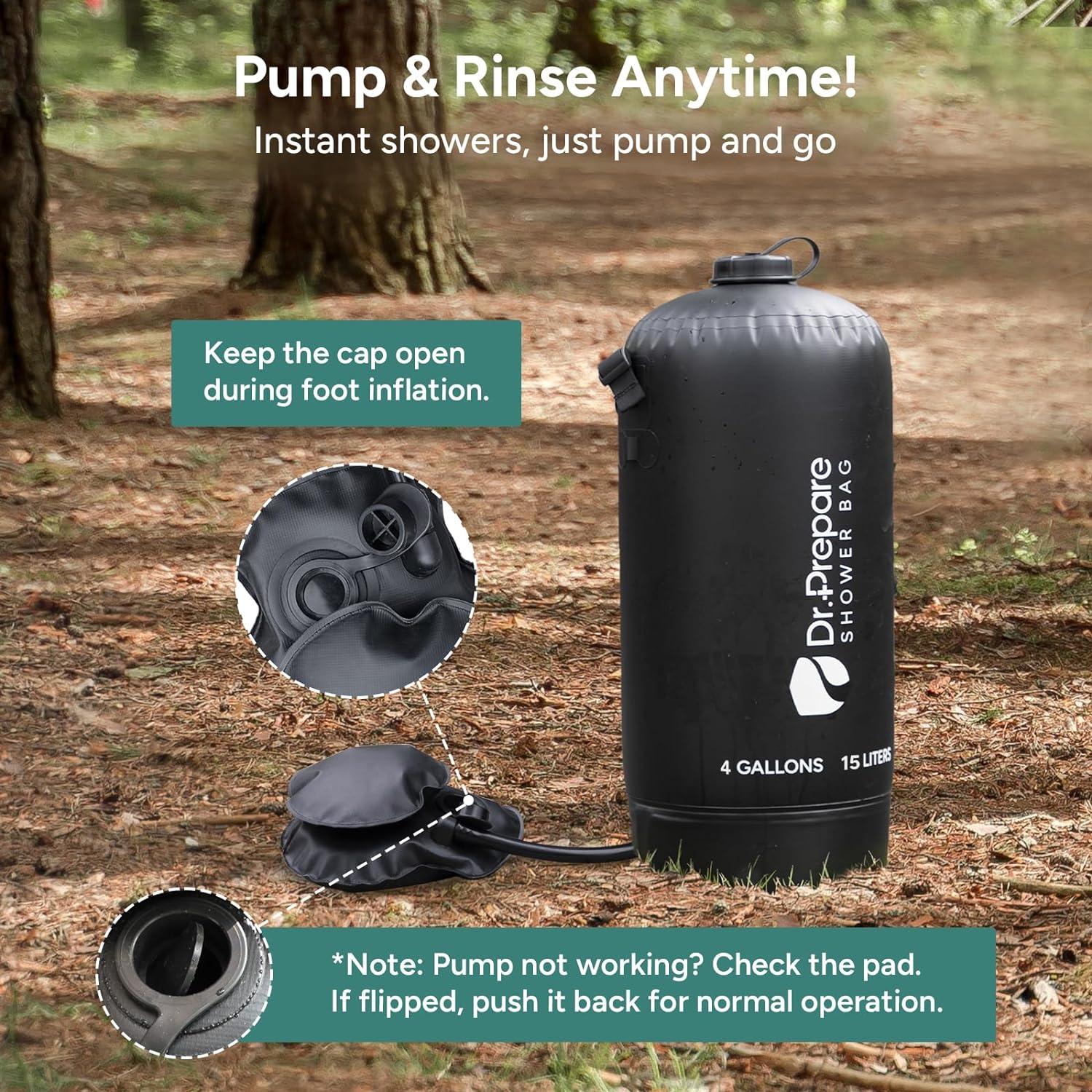 Black PVC Portable Camping Shower with Foot Pump, 5 Gallons