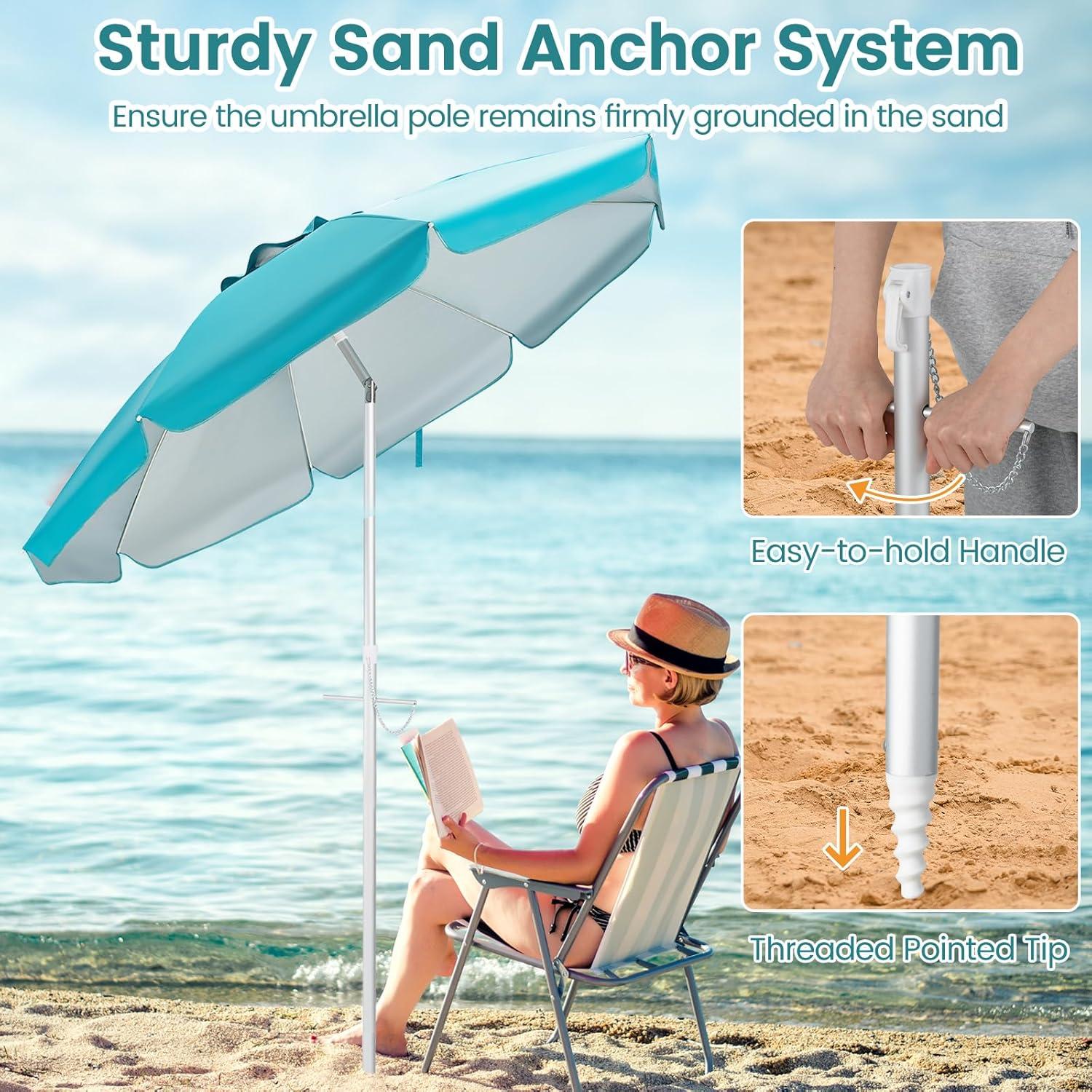 Yardi Yard 6.5 Feet Beach Umbrella with Sun Shade and Carry Bag without Weight Base-Blue, Travel Beach Umbrella, Beach Umbrellas for Sand Heavy Duty Wind Portable Beach Umbrella