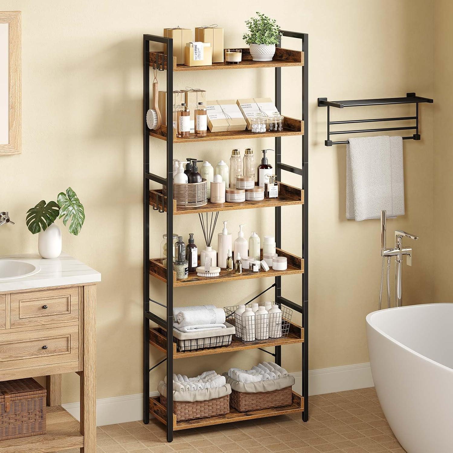 Bookshelf 6 Tier with 4 Hooks  Industrial Bookcase  Vintage Storage Rack with Open Shelves  Rustic Standing Bookshelves Metal Frame Display Rack for Living Room  Bedroom  Rustic Brown