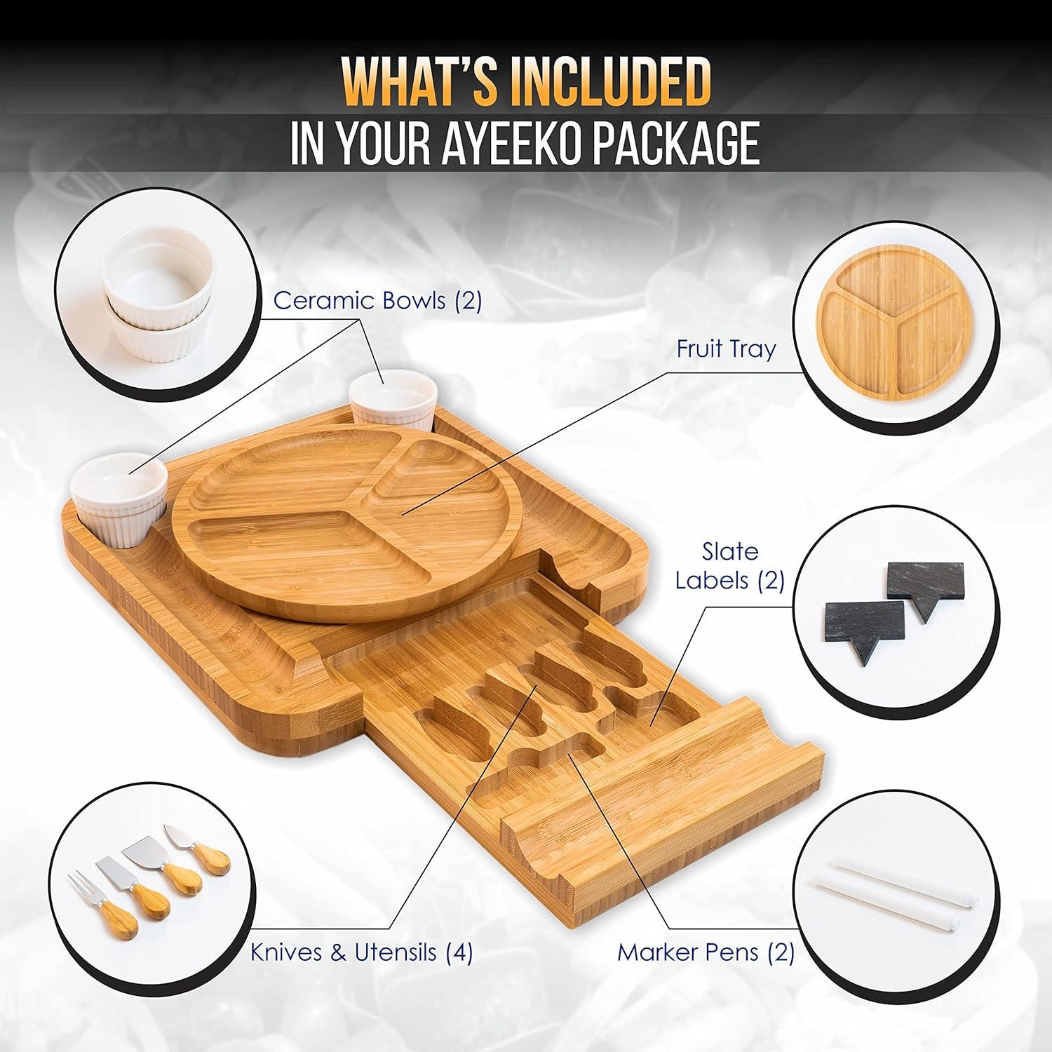 SMIRLY Charcuterie Board Set Large Bamboo Cheese Board with Fruit Tray & 2 Ceramic Bowls