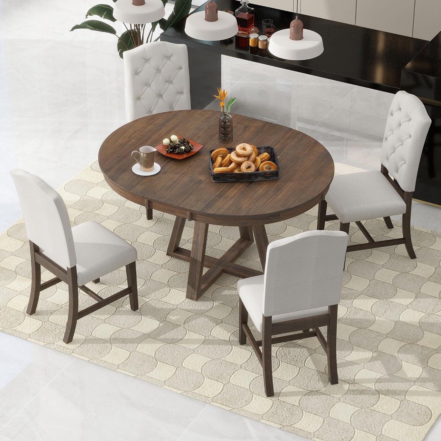 Walnut Round Extendable Dining Table with 4 Upholstered Chairs