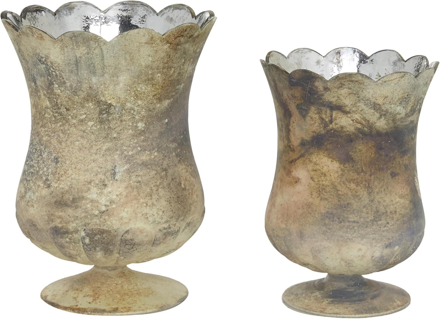 Rustic Brown Scalloped Glass Hurricane Table Vase Set