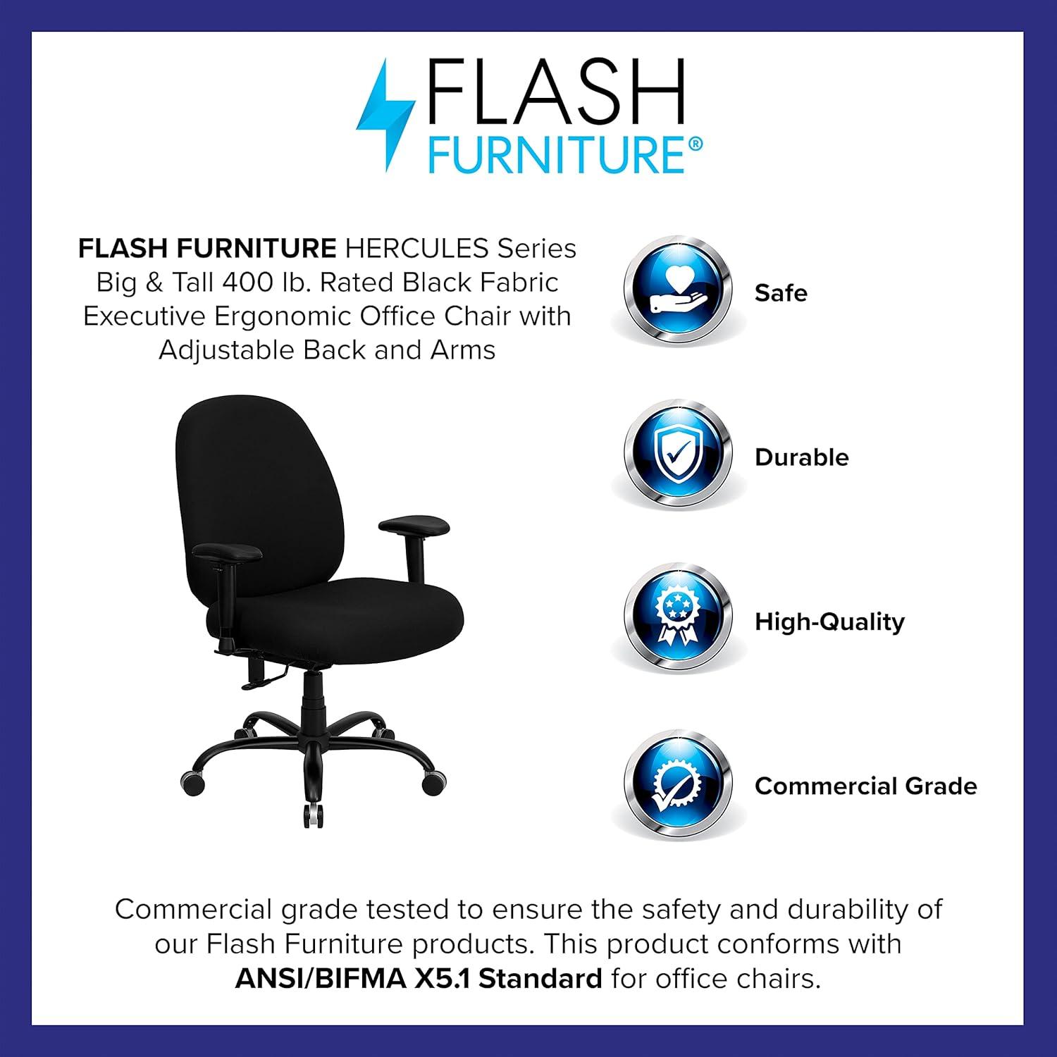 Flash Furniture HERCULES Series Big & Tall 400 lb. Rated Black Fabric Executive Ergonomic Office Chair with Adjustable Back and Arms