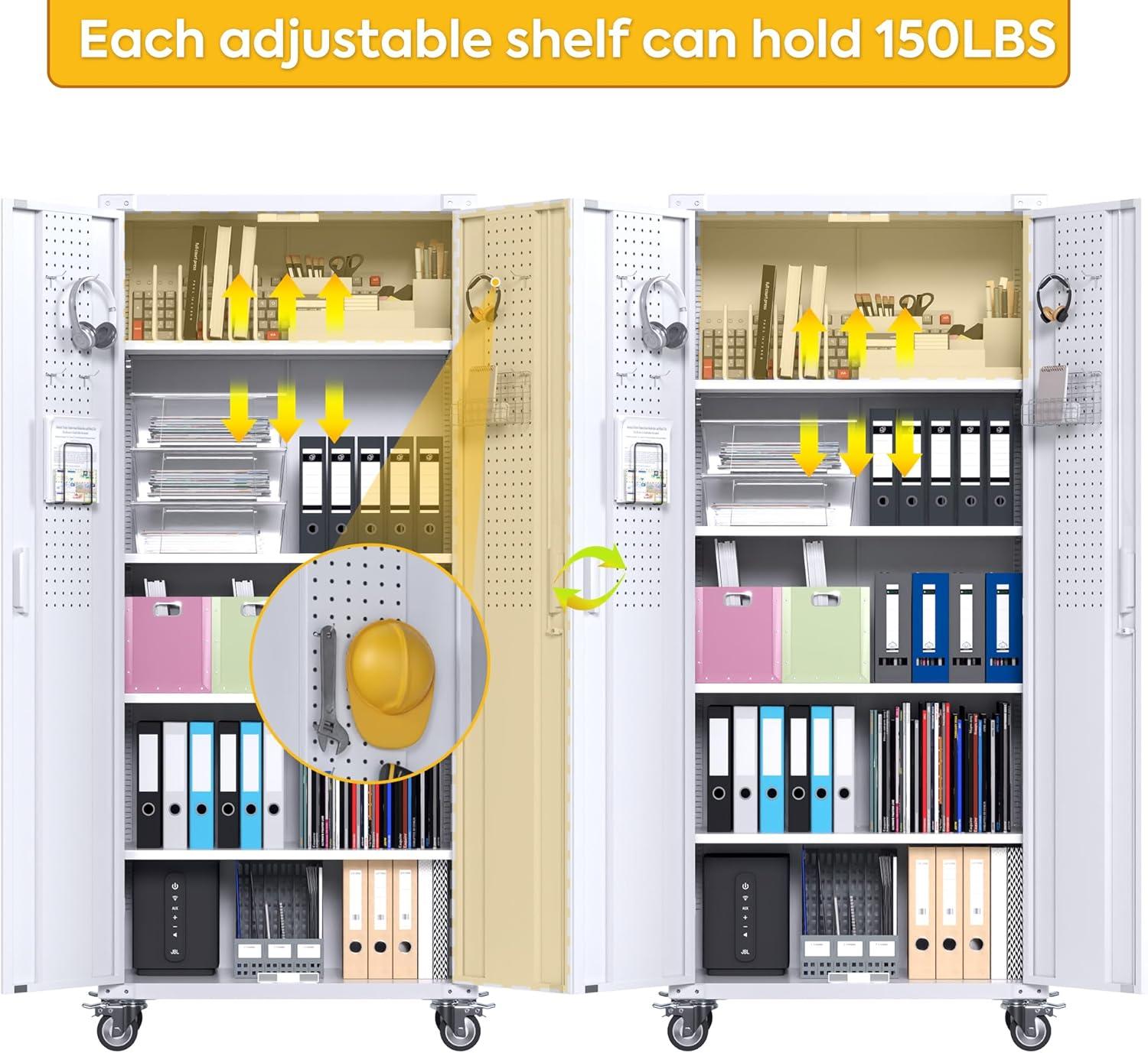 Aobabo Metal Storage Cabinet with Wheels & Pegboards,Office Storage Cabinet with Lock & Shelves,72'' H Steel Garage Cabinet for Office Home Storage,White Required-Assembly
