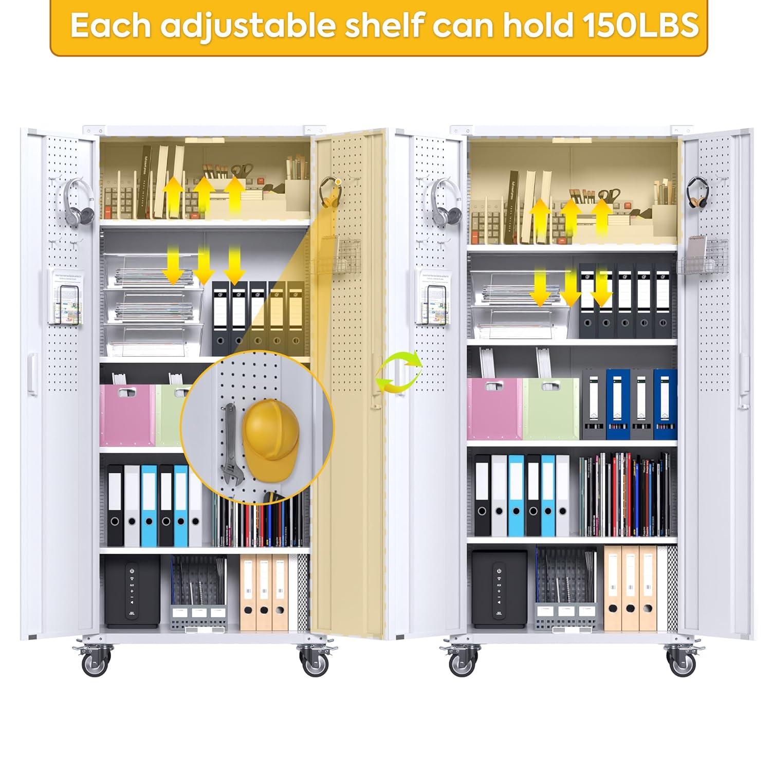 AOBABO 72 Inch Locking Metal Garage Home Office Storage Cabinet with Universal Rubber Wheels/Lockable Casters and Magnetic Doors, White