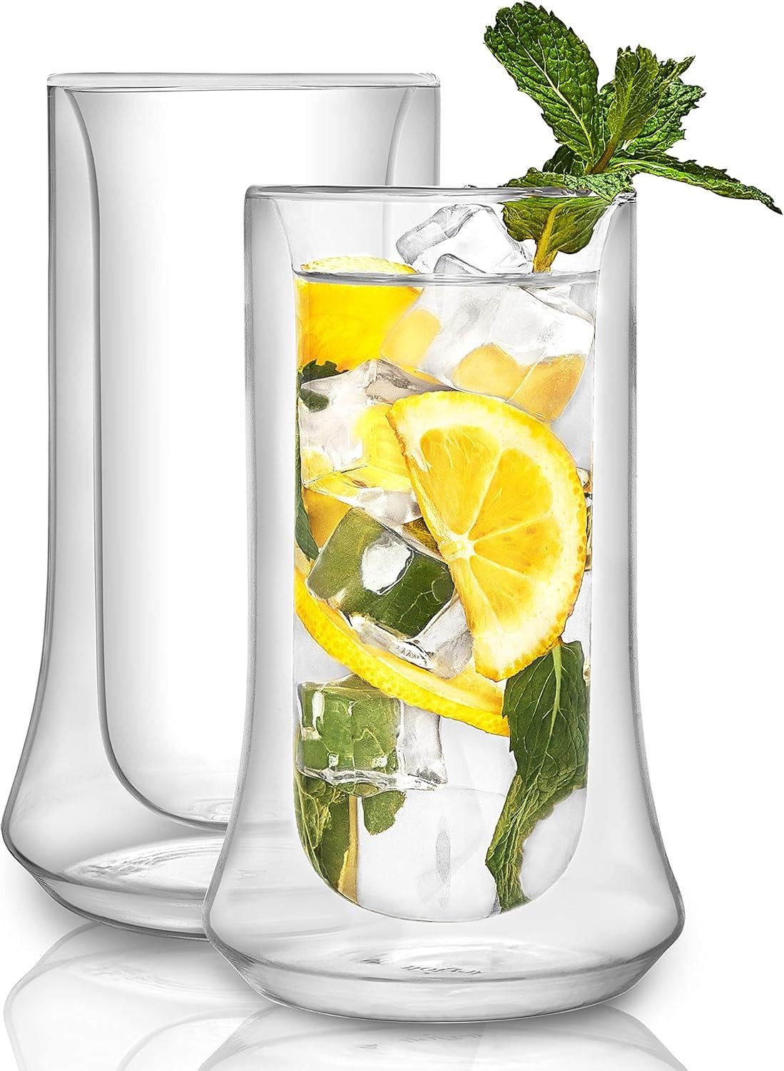 JoyJolt Cosmo Double Wall Highball Glasses – Set of 2 Insulated Glass Tumbler for Cocktails - 10 oz