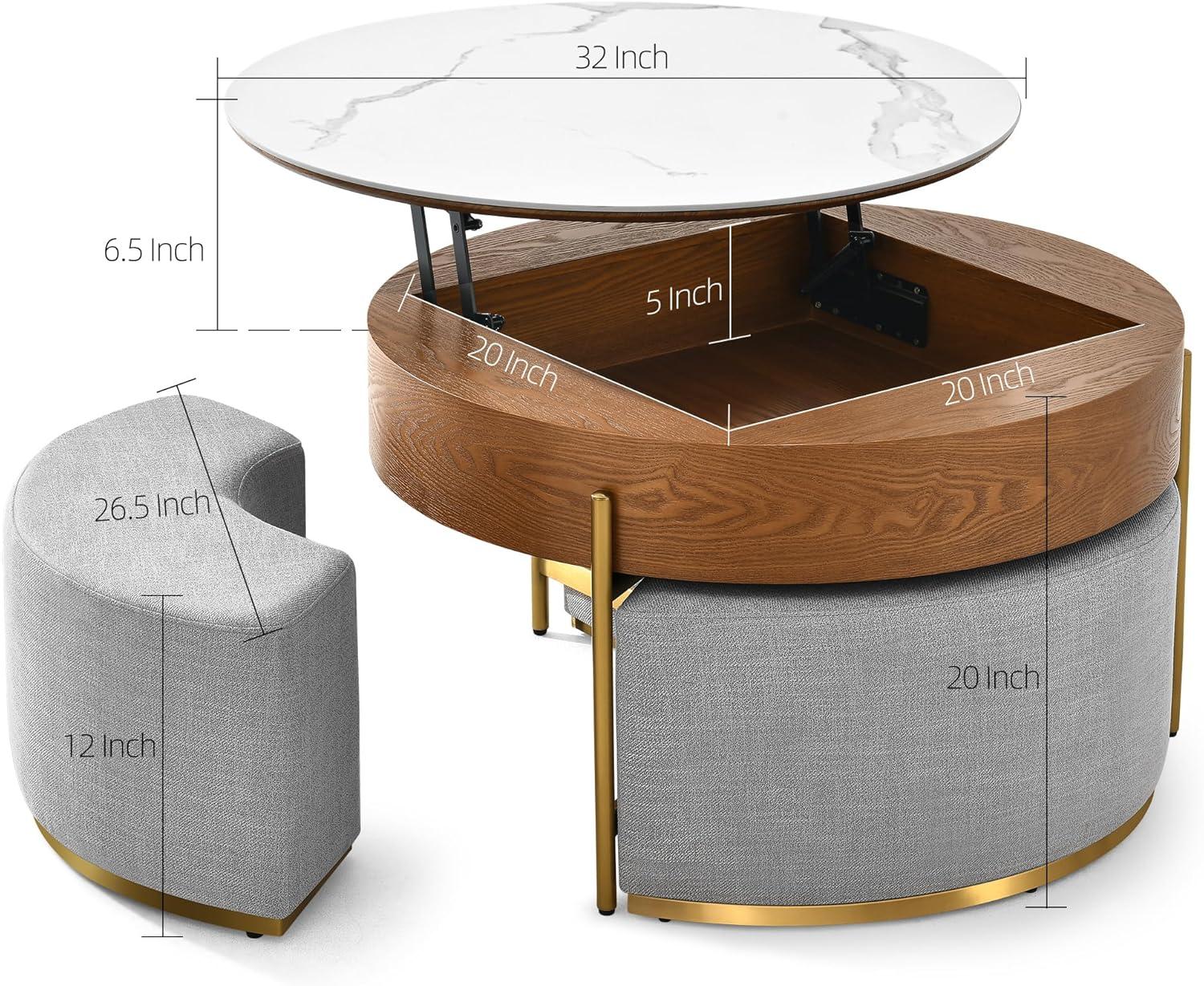 Round White and Wood Lift Top Coffee Table with Storage and Stools