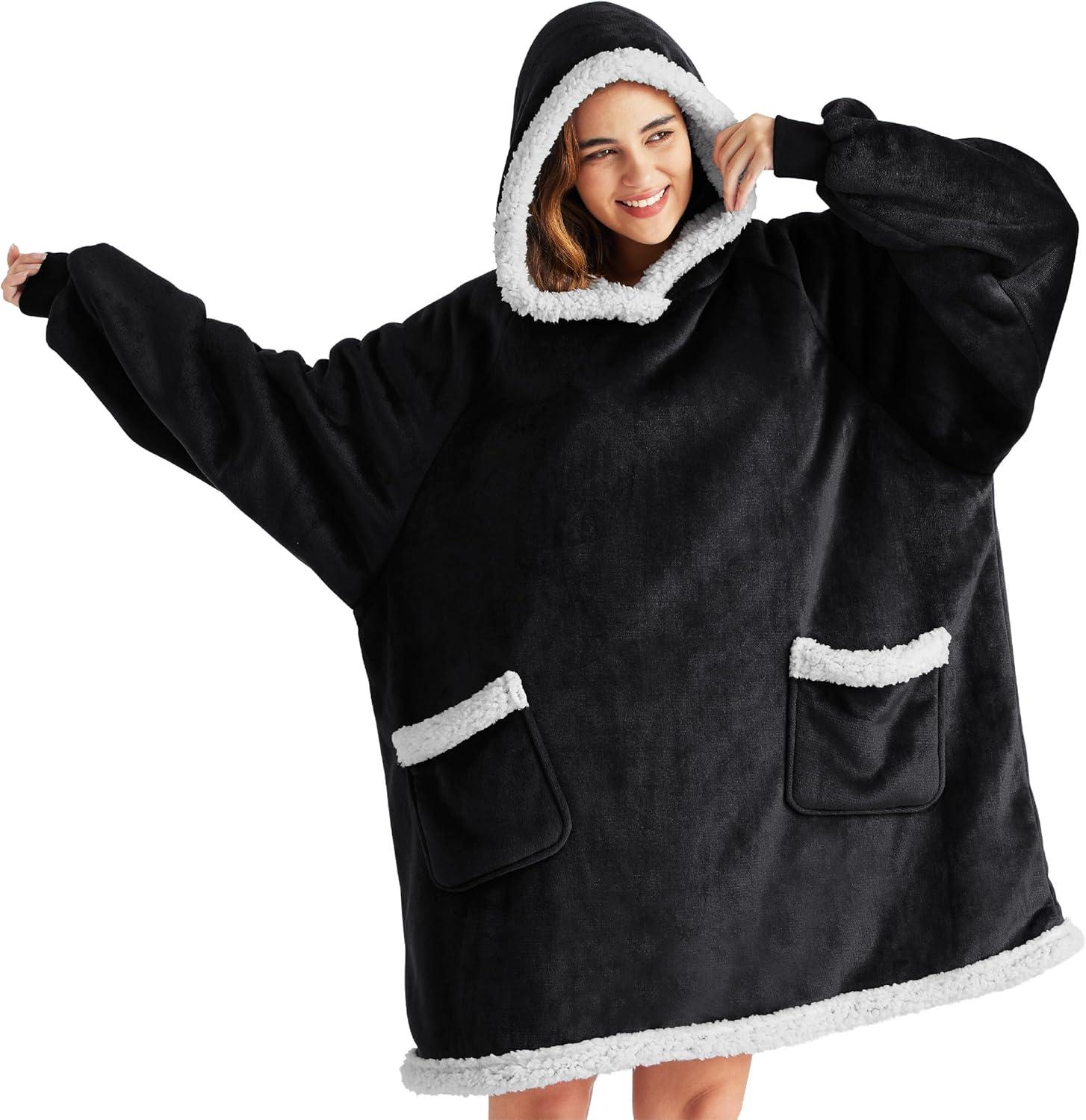 Bedsure Blanket Hoodie, Wearable Blanket for Adults & Kids as Gifts for Women Men, Birthday Gifts for Women Mom Girl Sherpa Oversized Hoodie, Black, Standard