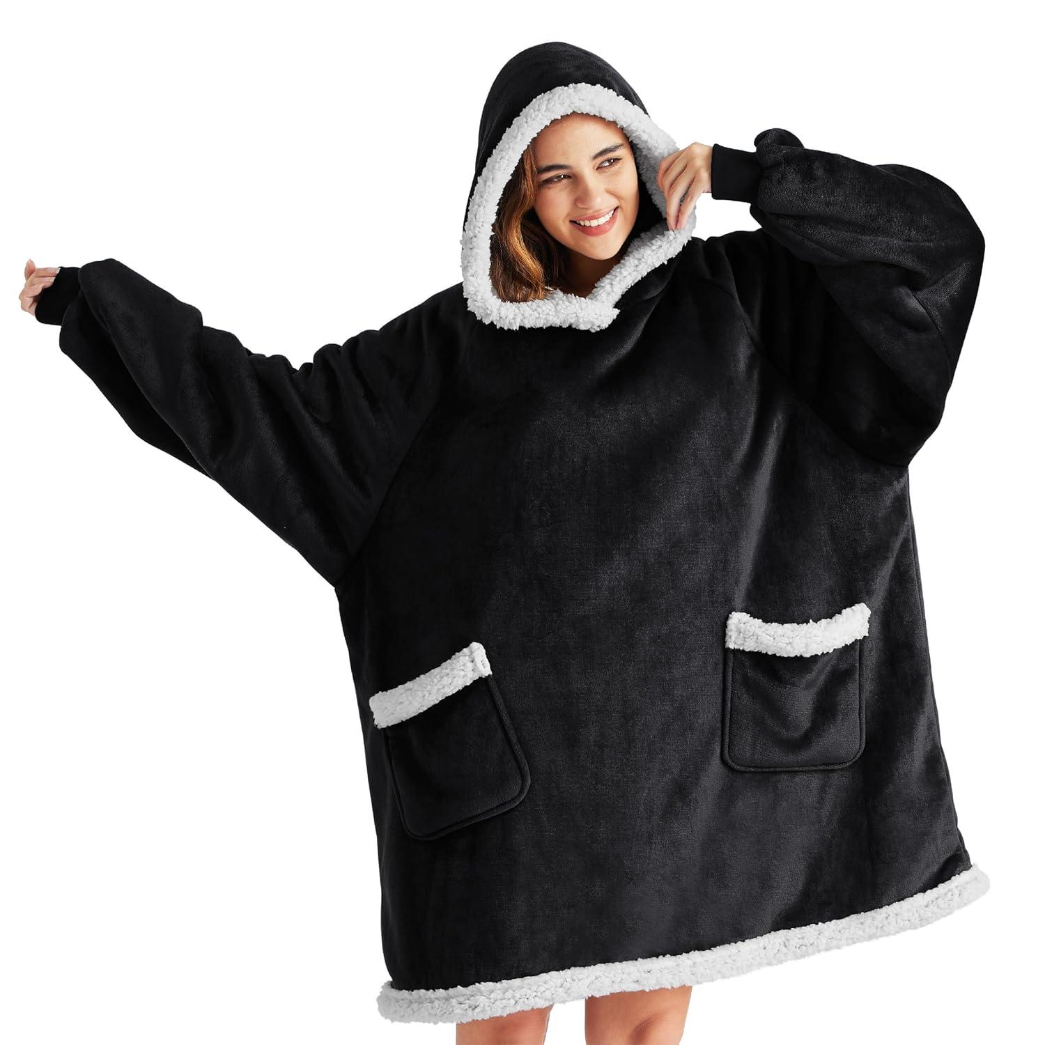 Bedsure Blanket Hoodie, Wearable Blanket for Adults & Kids as Gifts for Women Men, Birthday Gifts for Women Mom Girl Sherpa Oversized Hoodie, Black, Standard