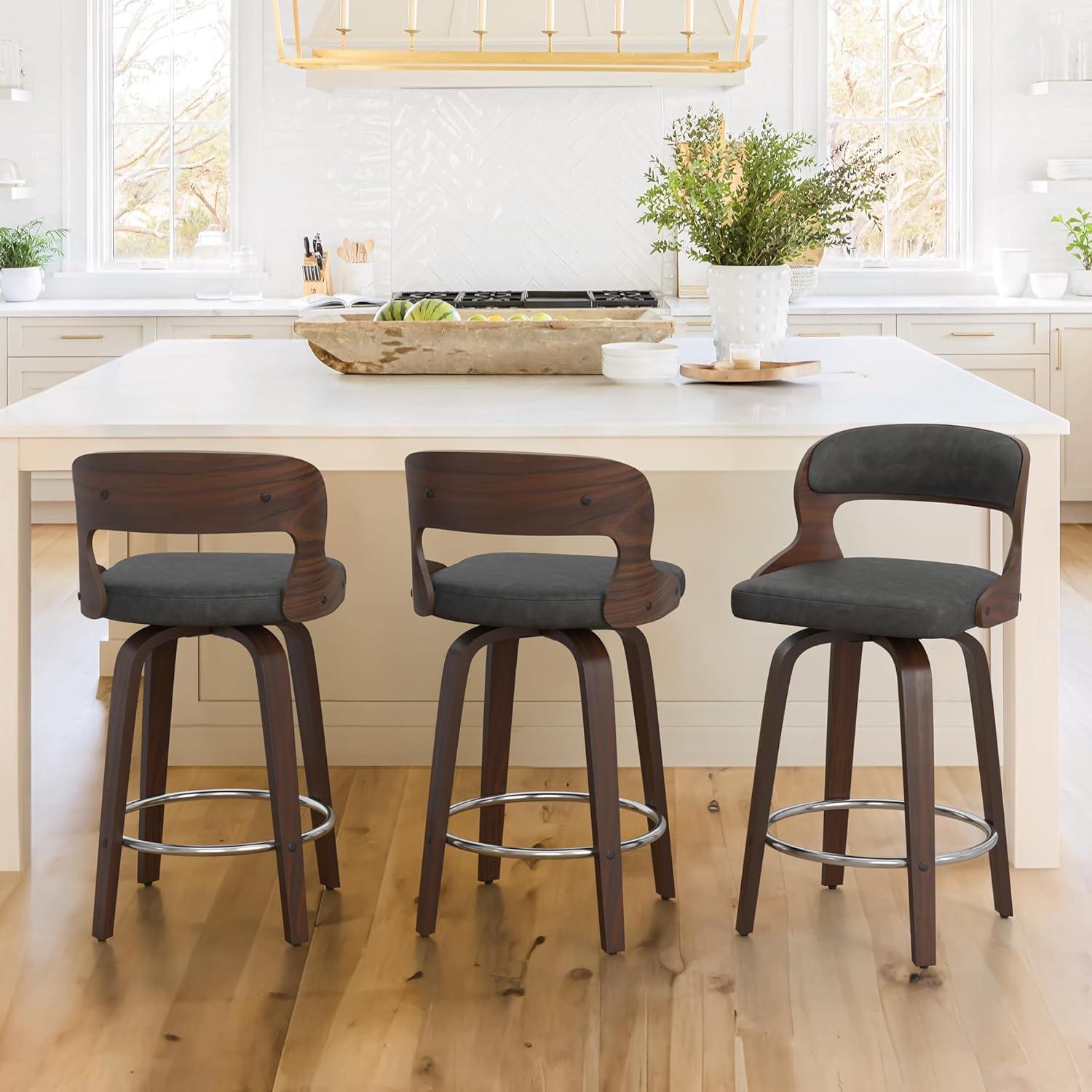 Dycanpo 26”Bar Stools Swivel, Wood Counter Height Bar Stools Set of 3 for Home Kitchen, Gray