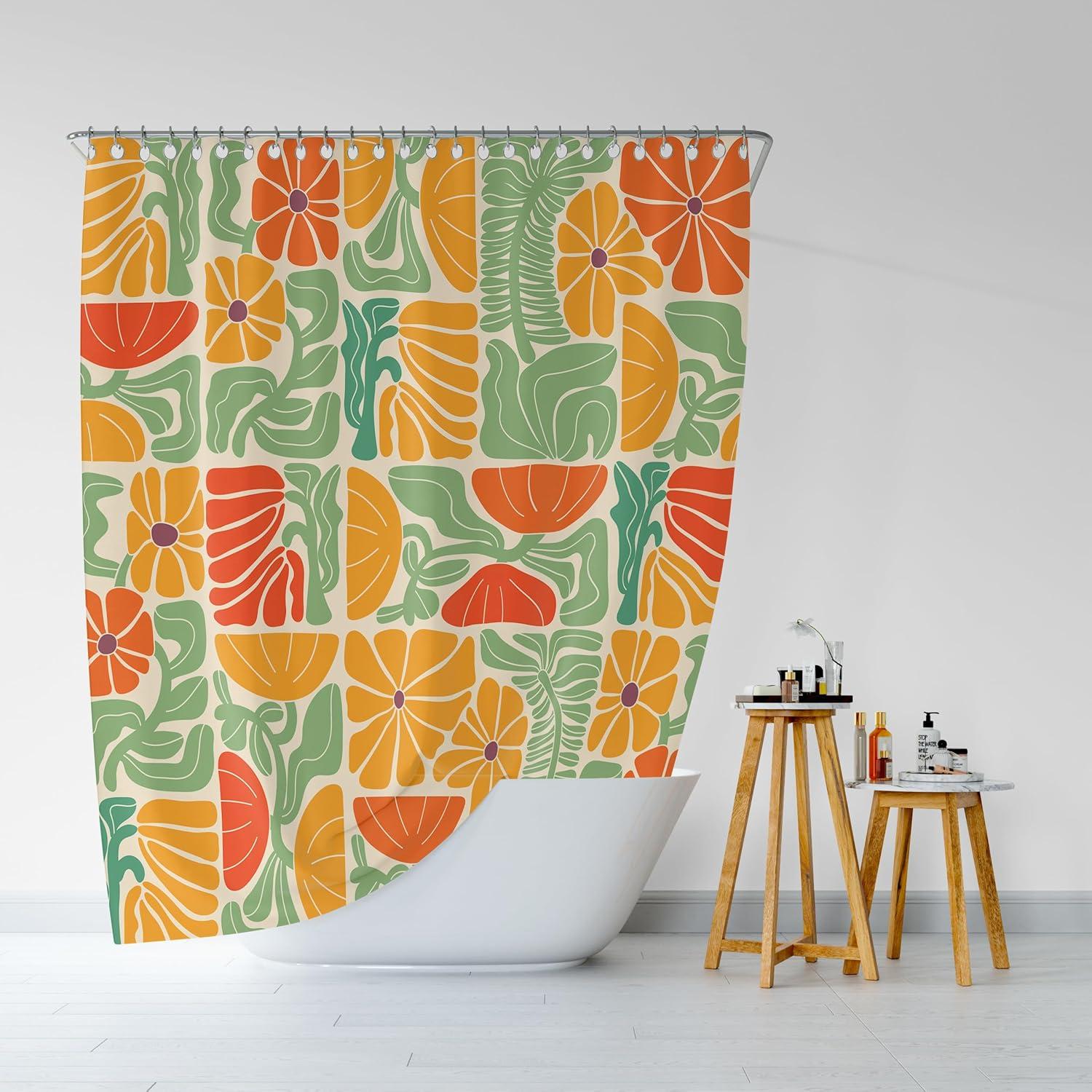 Lark Manor™ Boho Abstract Colorful Floral Shower Curtain, Vintage Retro Patchwork Orange Green Flower Botanical Geometric Bathroom Decor Shower Curtain Set With 17 Hooks,(Flower)