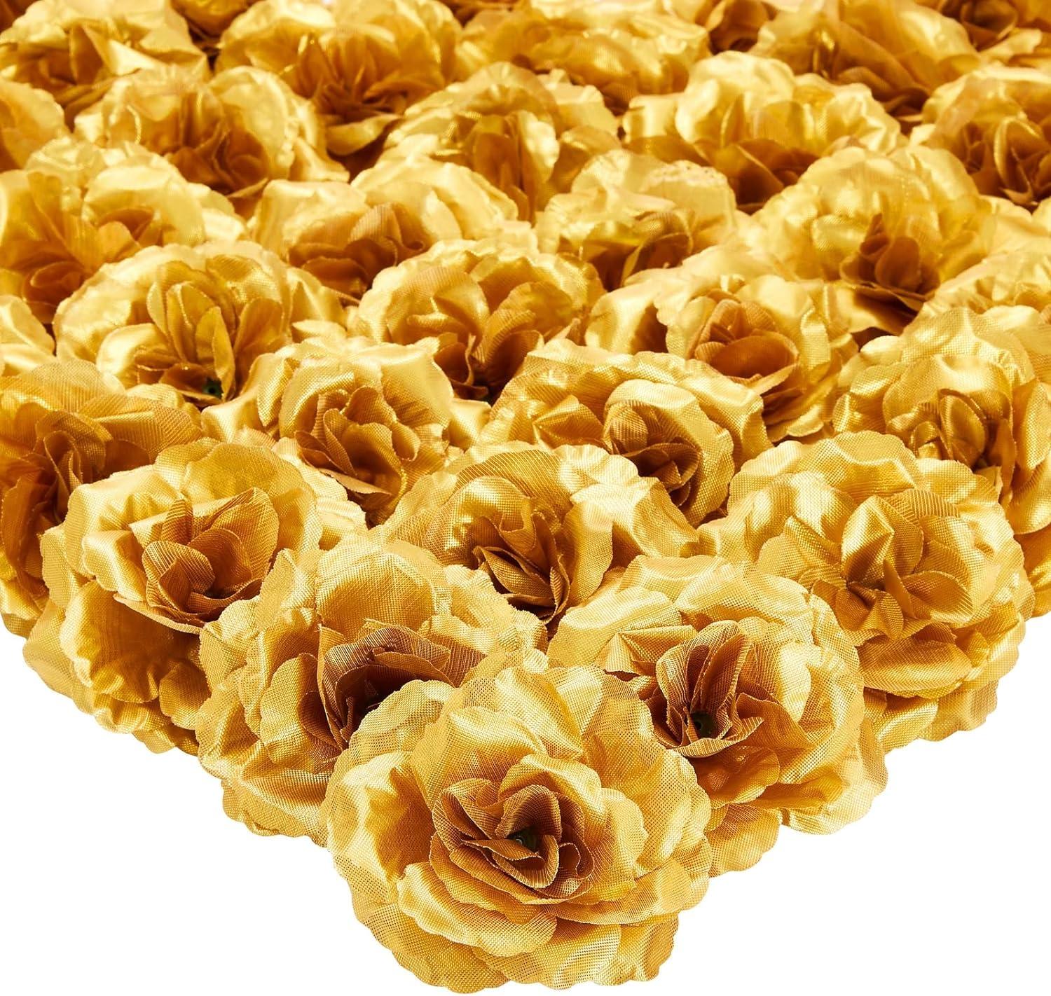 Bright Creations 50 Pack Gold Roses Artificial Flowers Bulk, 3 Inch Stemless Fake Silk Roses for Decorations, Wedding