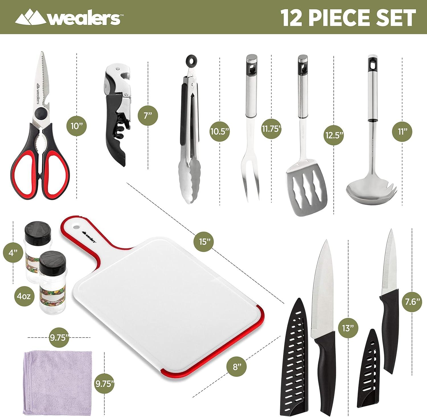 Wealers Kitchen Gadgets | 11- Piece Cooking Utensils Set for Travelers | Compact Sized Travel Organizer | Stainless Steel Cookware | Black