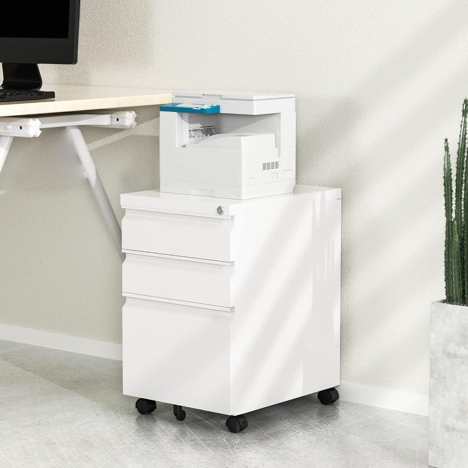 3 Drawer Mobile File Cabinet, Metal Filing Cabinets with Lock Wheels Under Desk, Lockable Rolling File Cabinet for Home Office, Fit Letter/Legal/A4 Size (White)