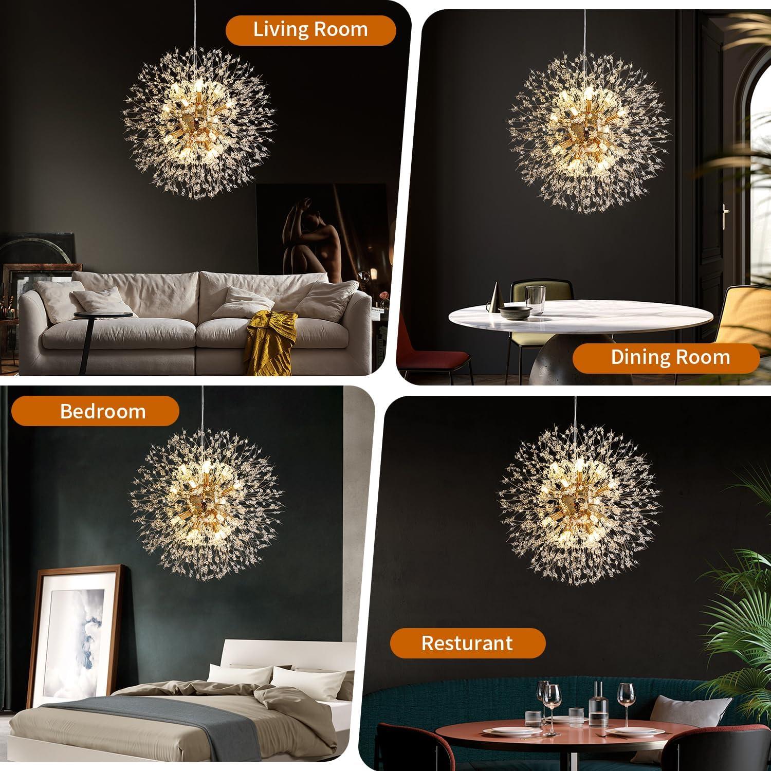 Mercer41 Modern Gold Crystal Chandelier With 12-Light Firework Design, Adjustable Dandelion Pendant Lighting For Dining Room, Living Room, Bedroom, Kitchen, And Hallway