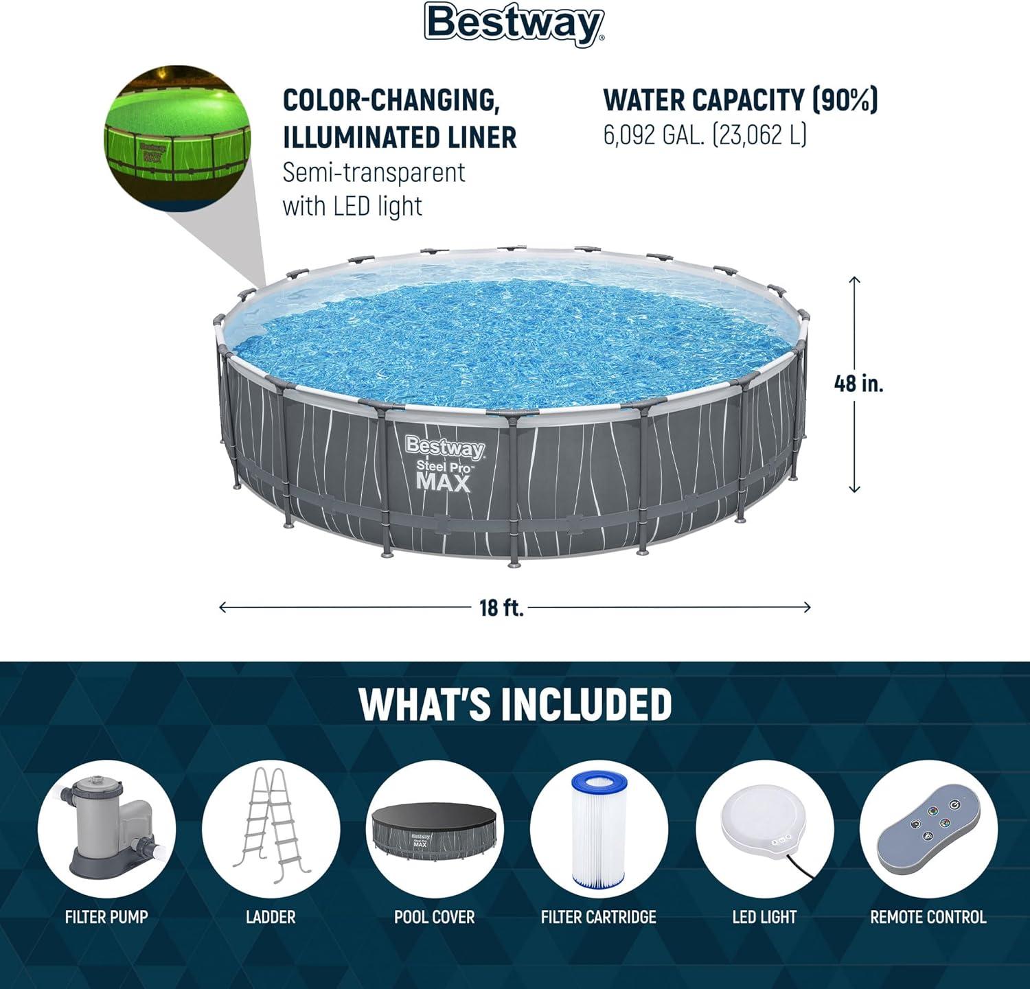 Bestway Steel Pro MAX 18'x48" Round Above Ground Pool w/LED Light & Remote