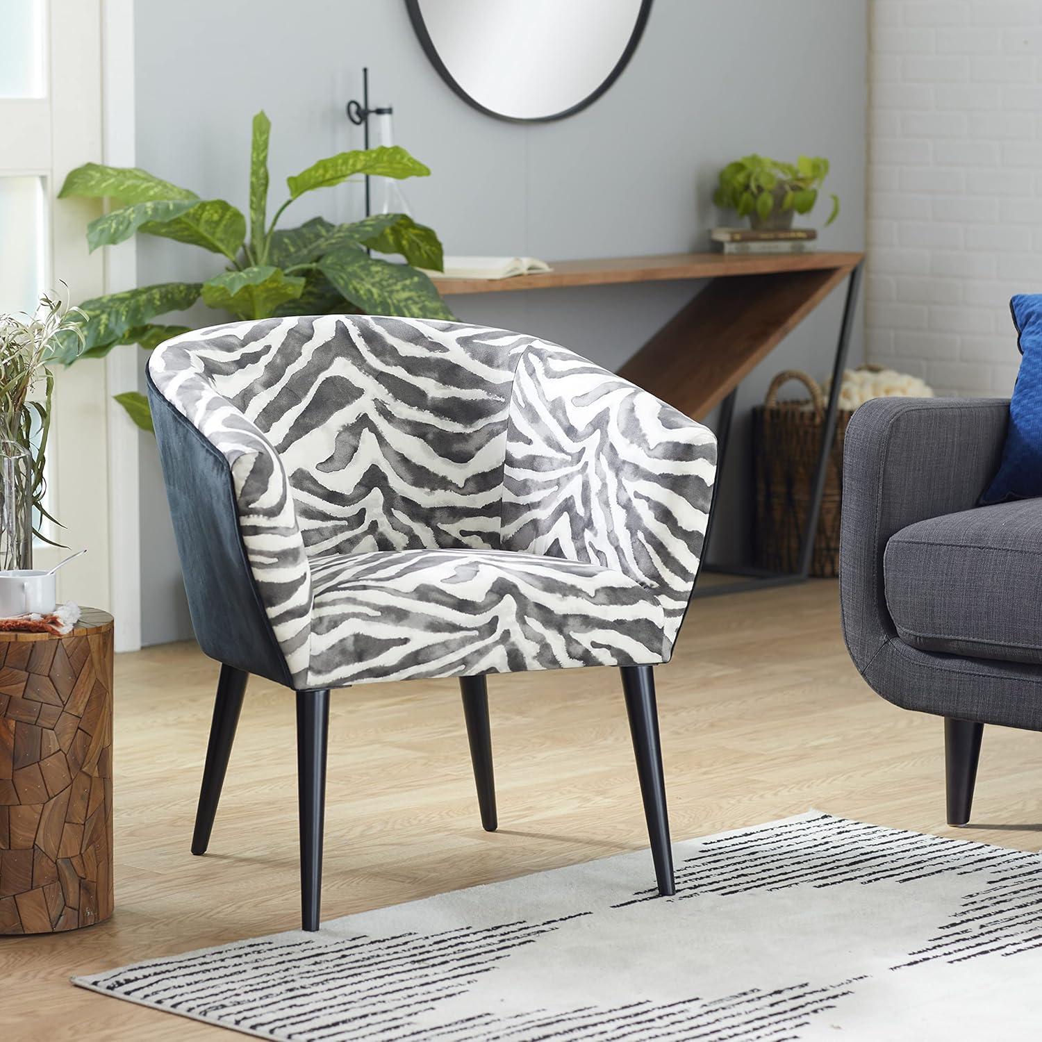 Black Velvet Zebra Print Wood Accent Chair