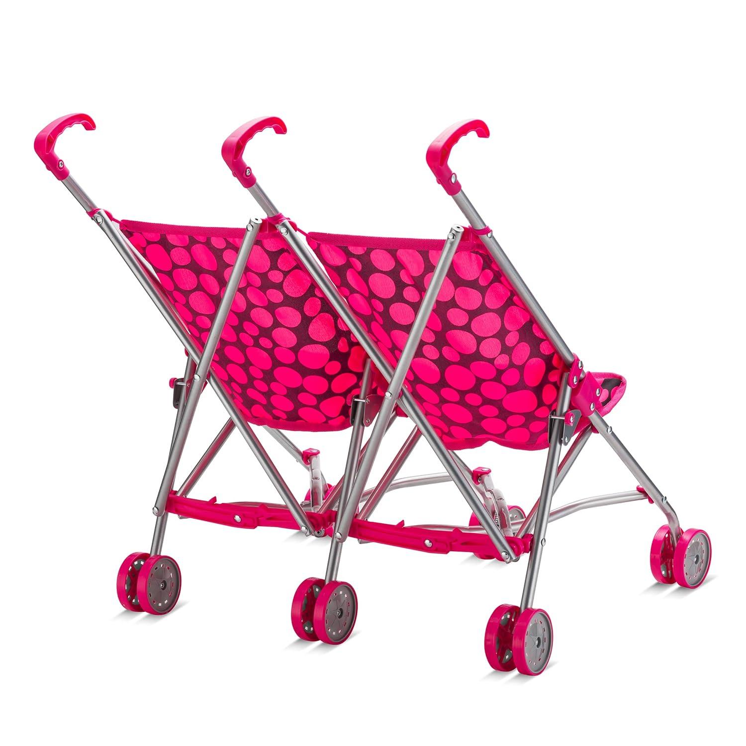 Double Doll Stroller for Twin Baby Dolls - Toy Stroller for Toddlers 3 Years and up, Pink & Black Polka Dots Design for Kids