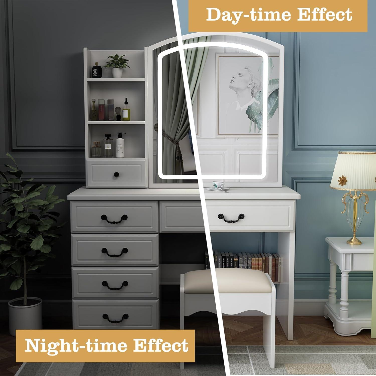 MONTARY Makeup Vanity Desk with Mirror and Lights, Dressing Table , White Vanity Table Set with 6 Drawers & Shelves & 4 Cabinets, 3 LED Lighting Modes Brightness Adjustable