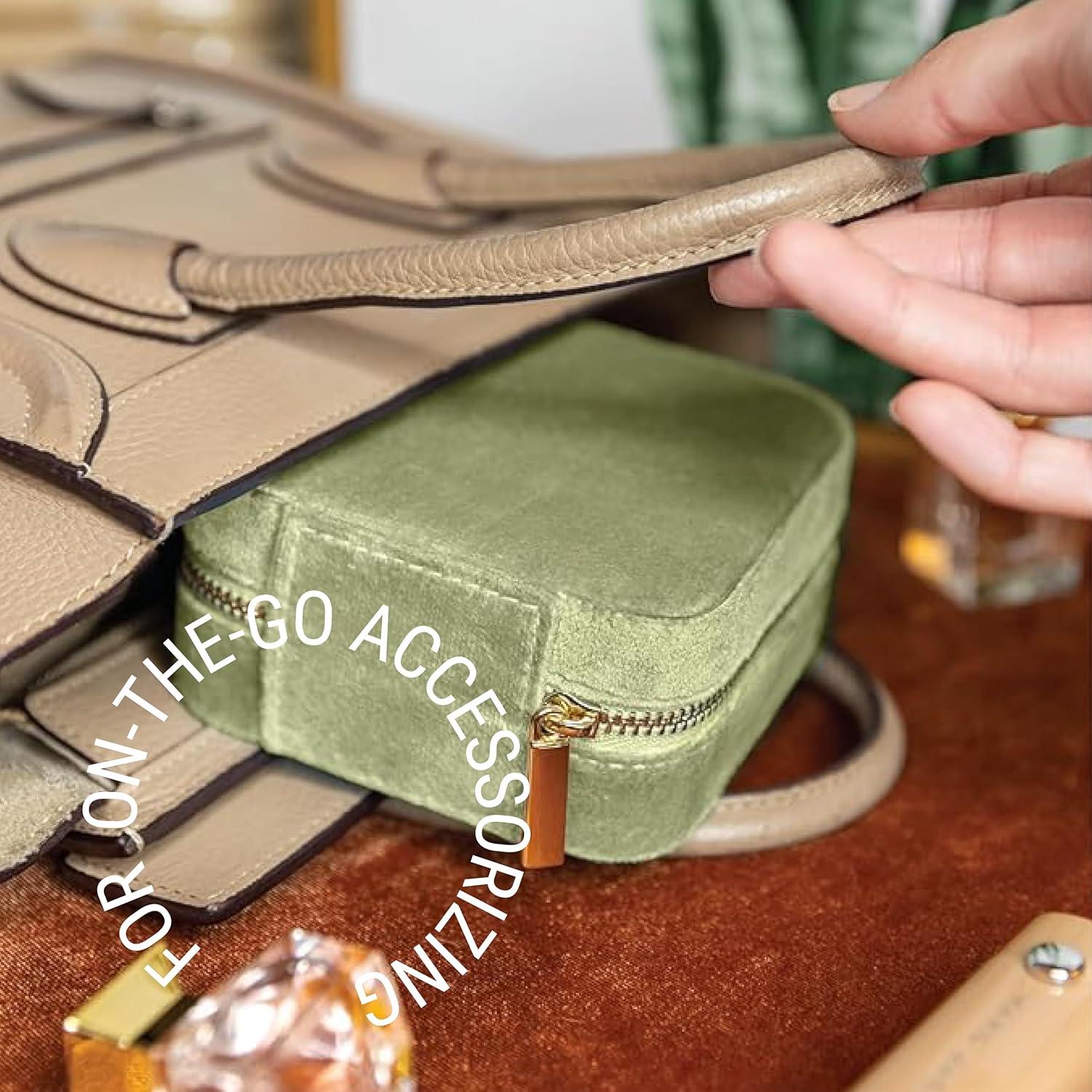 Benevolence LA Plush Velvet Square Travel Jewelry Box with Mirror- Mistletoe Green