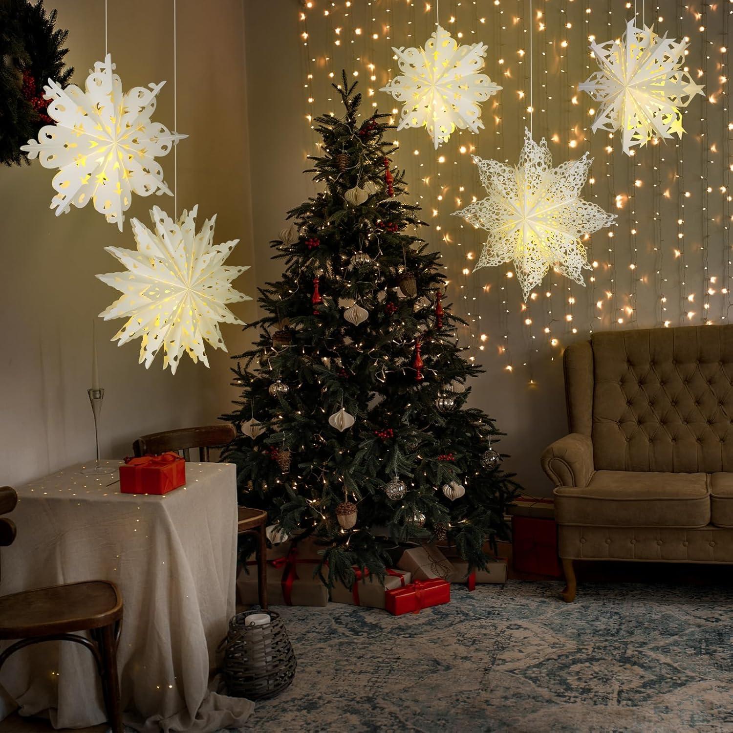 Mudder 5 Pieces Christmas Snowflake Paper Lantern with 7 Light up Star Paper 3D Hanging Lantern Lamp Party Decoration for Weddings Holiday Xmas Trees(Cute Style,White)