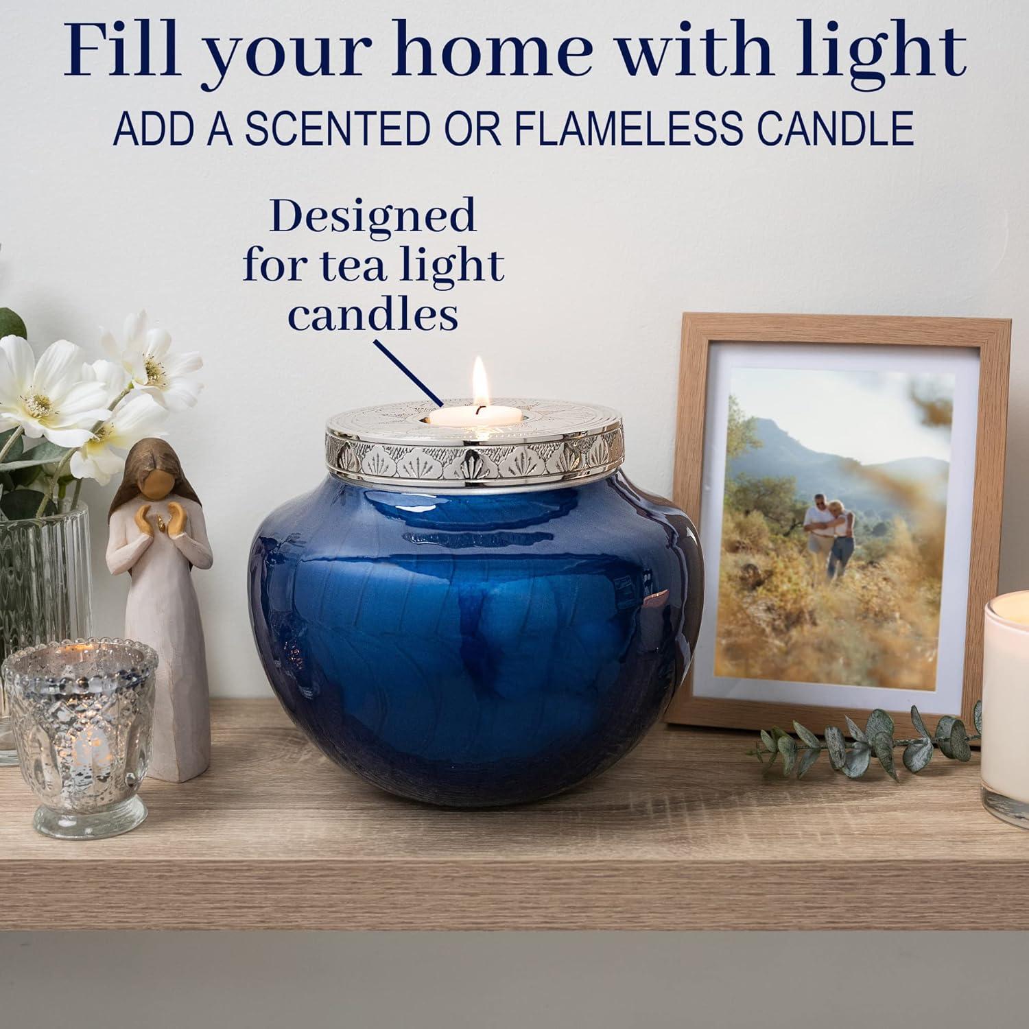 FOVERE – Mini Keepsake Urn for Human Ashes - Small Blue Cremation Urns with Elegant Silver Engraving – Holds a Small Portion of Ashes – 100% Handcrafted Decorative Urns for Human Ashes – Navy Blue