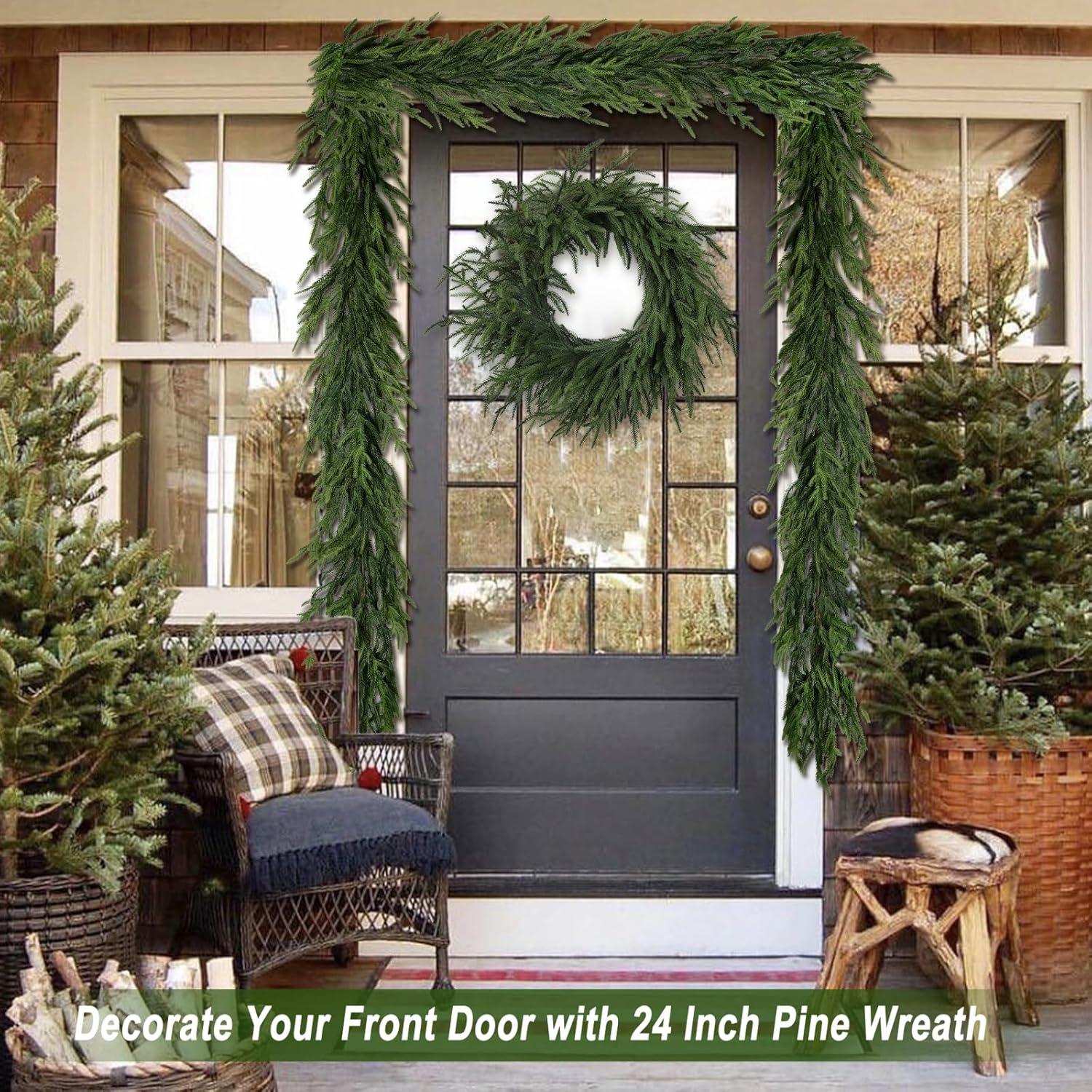 MUYIER 24" Real Touch Norfolk Pine Wreath for Front Door Artificial Christmas Wreath Green Faux Pine Wreath