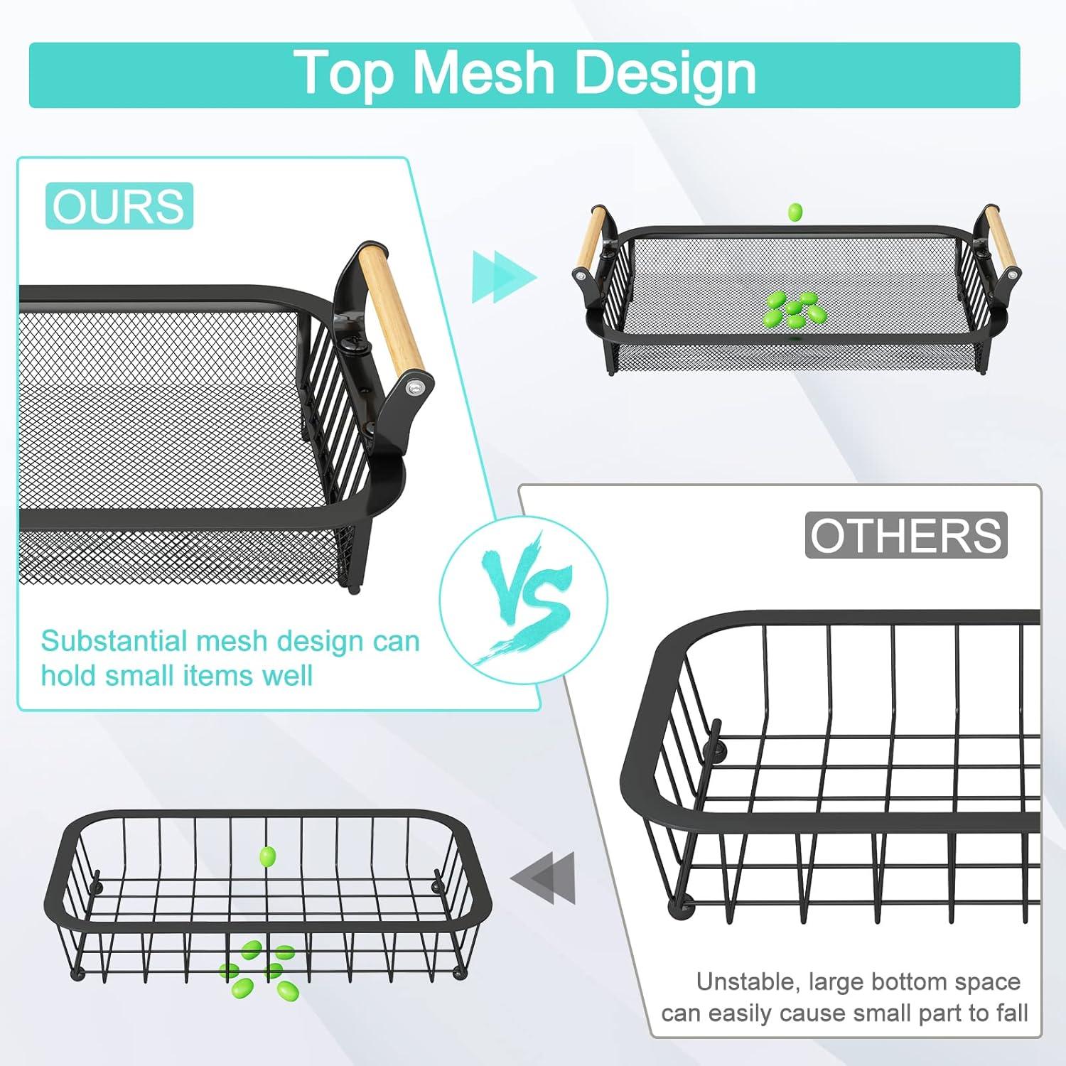 3 Tier Fruit Basket Bowl with 2 Banana Hangers for Kitchen Counter, Vegetable Countertop Produce Storage Holder, Large Capacity Metal Wire Fruits Stand Organizer for Onion Potato Bread Snack, Black