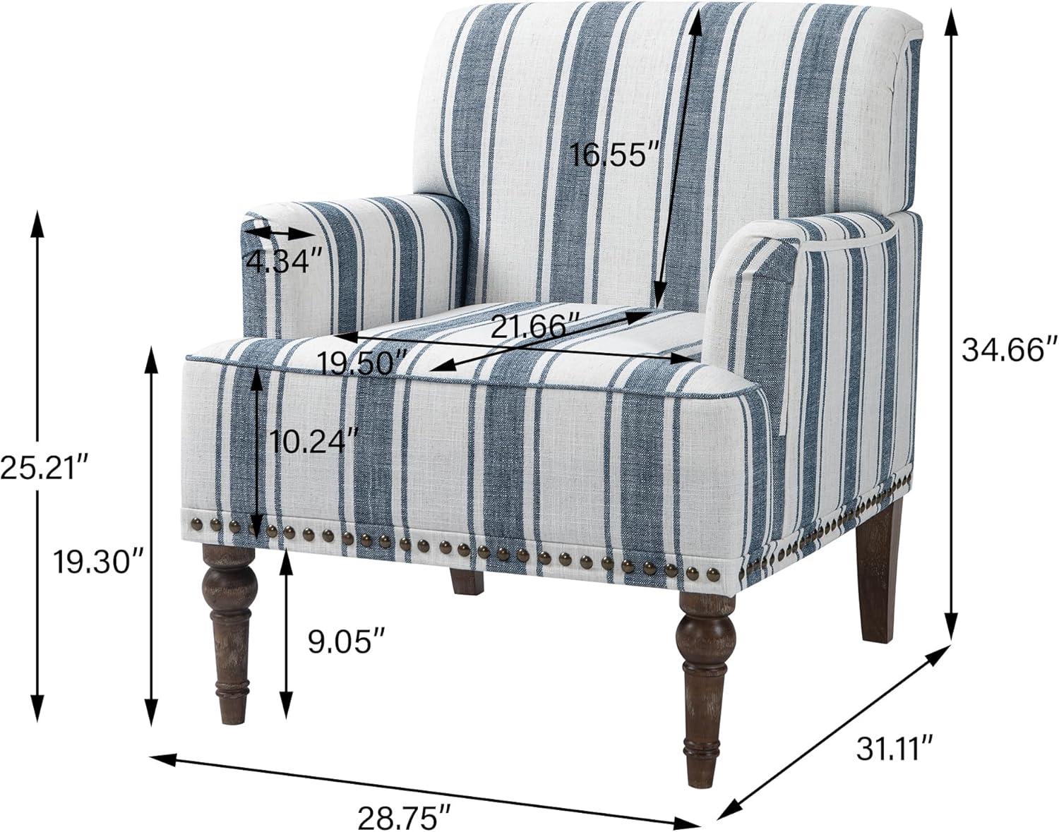 Blue and White Striped Barrel Accent Chair Set with Nailhead Trim