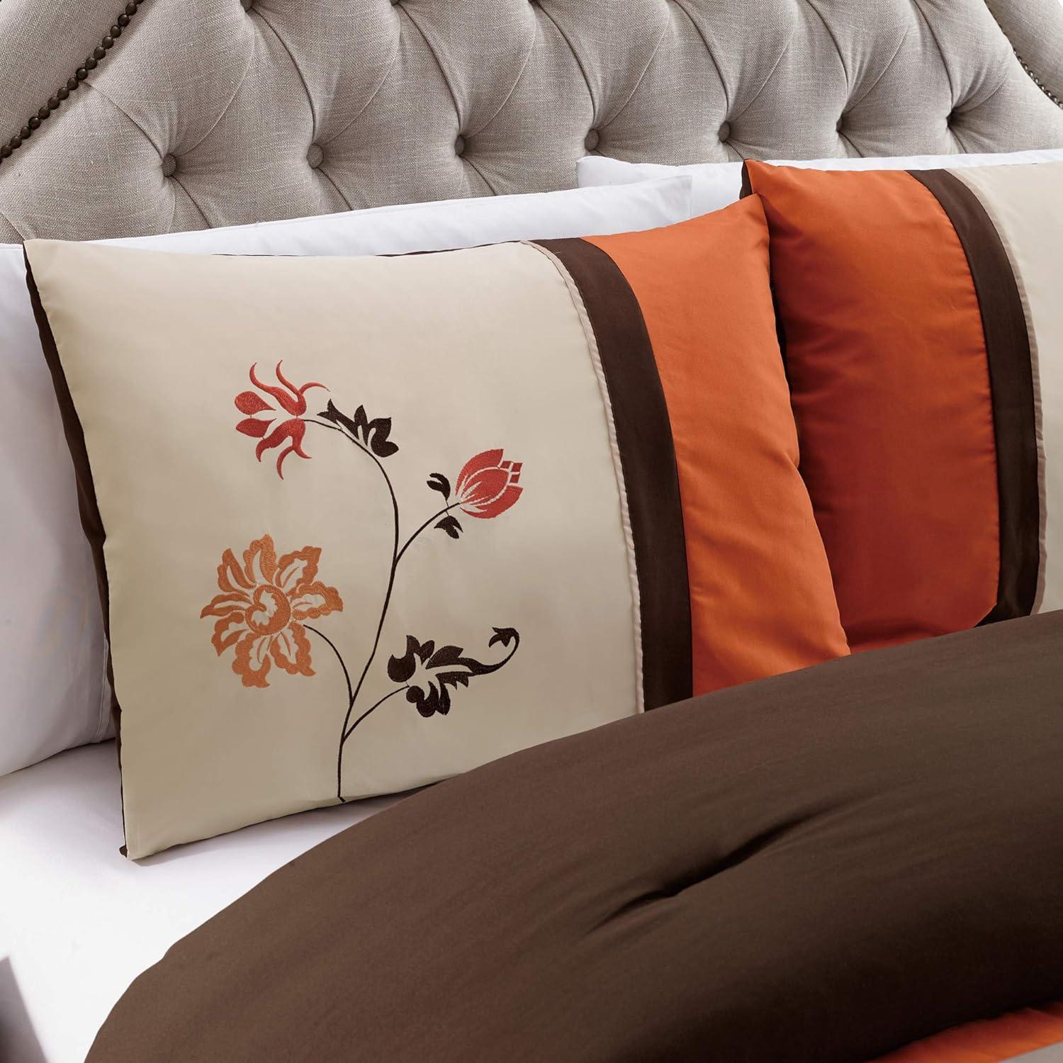 Serene 7-Piece Luxury Autumn Floral Embroidery Comforter Set, California King, Orange/Brown/Taupe