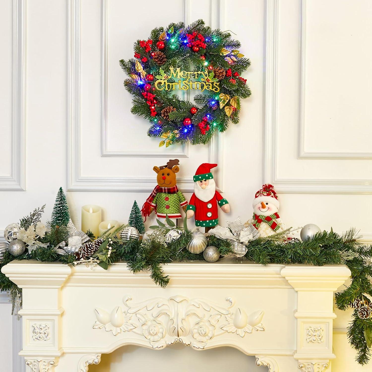 Christmas Wreath for Front Door, 18 Inch Outdoor Christmas Wreath, Battery Operated Xmas Wreath with Silver White Ball Ornaments Bows and 40 LED Lights for Home Holiday Decor