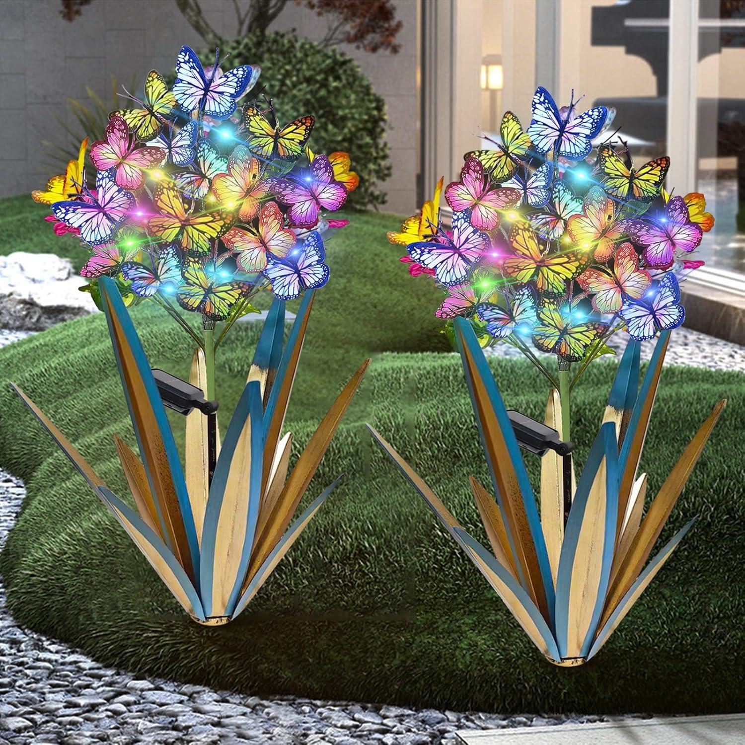 Solar Metal Agave Butterfly Flower Stick Garden Sculpture Swaying Butterfly Garden Light Solar Outdoor (2 PCS Blue)