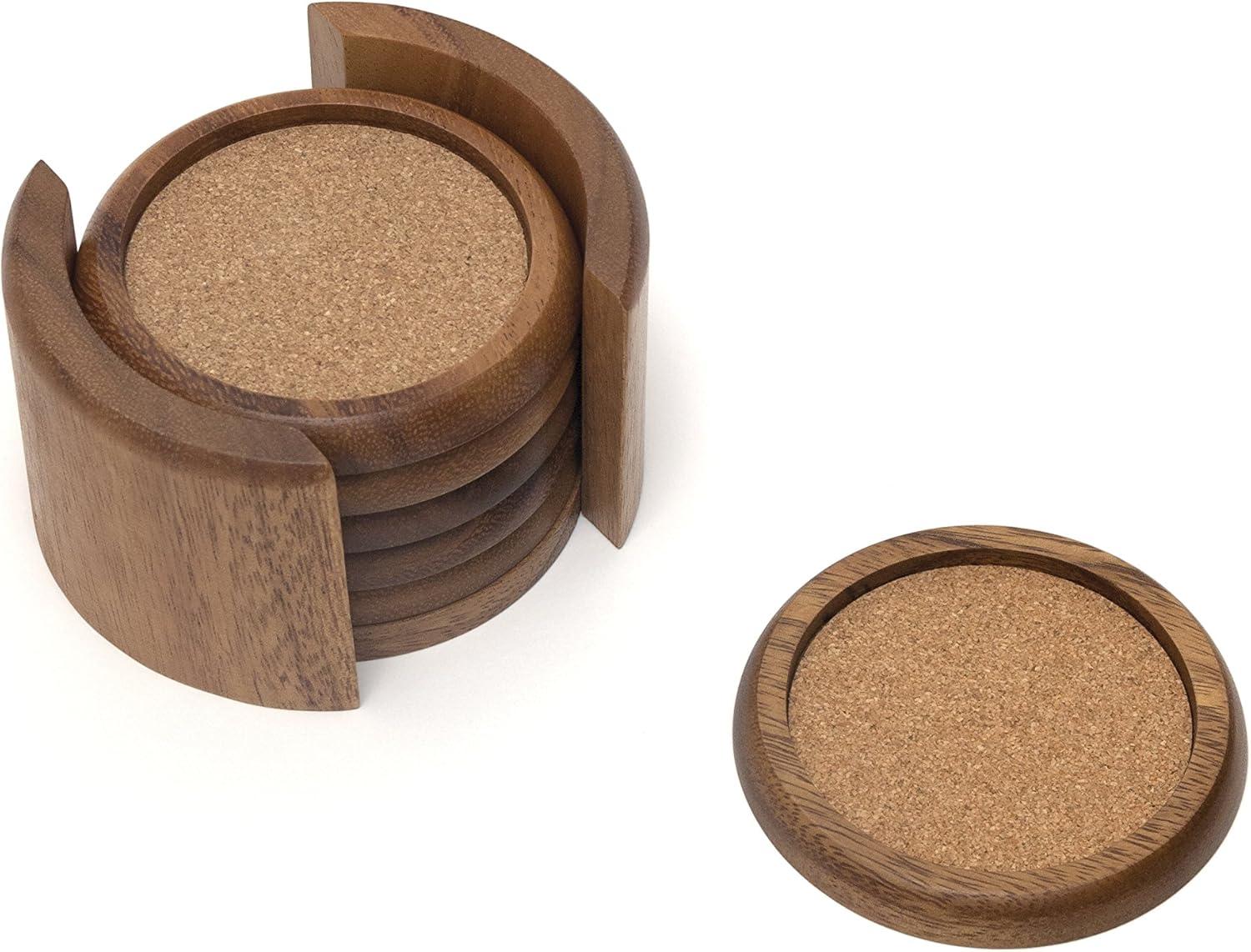 Acacia Wood Round Coasters with Cork Inserts, 7-Piece Set