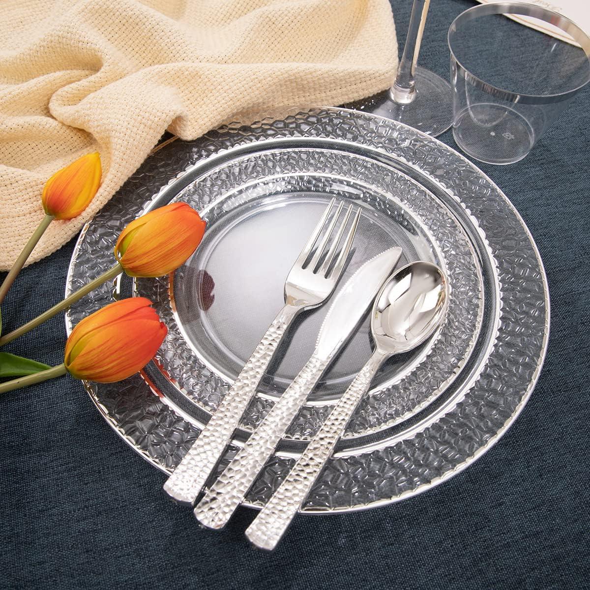 Elegant Clear and Silver Disposable Dinnerware Set for 25 Guests